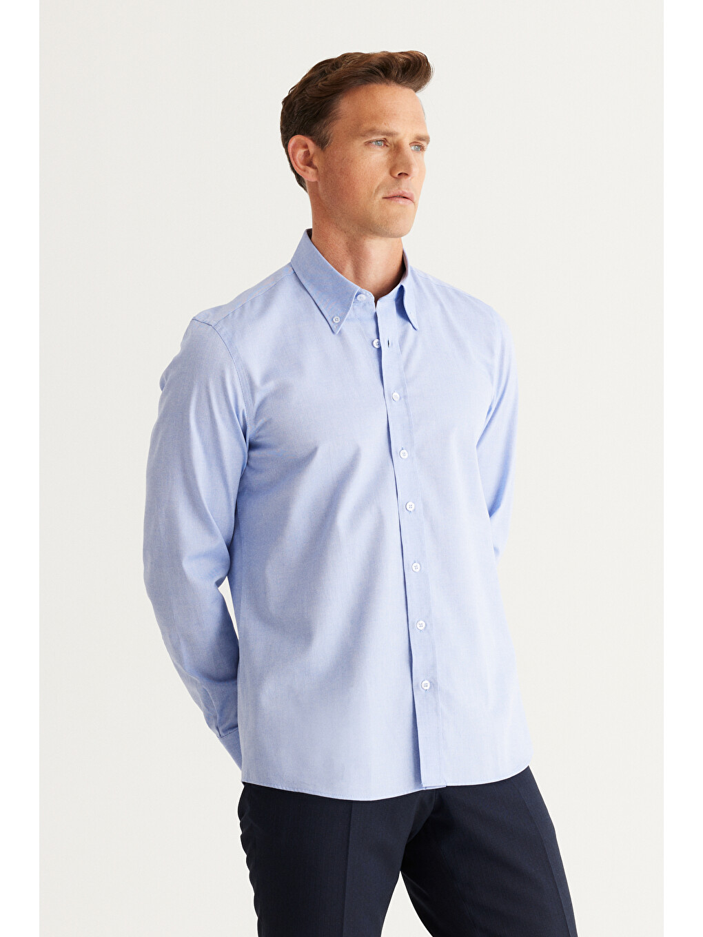 Erkek Mavi Slim Fit Dar Kesim Düğmeli Yaka %100 Pamuk Oxford Gömlek-1
