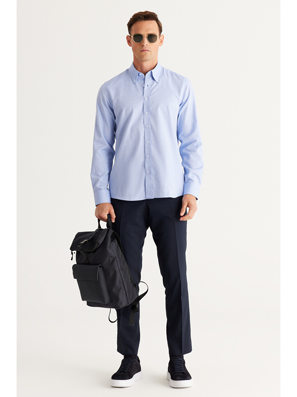 Erkek Mavi Slim Fit Dar Kesim Düğmeli Yaka %100 Pamuk Oxford Gömlek-2