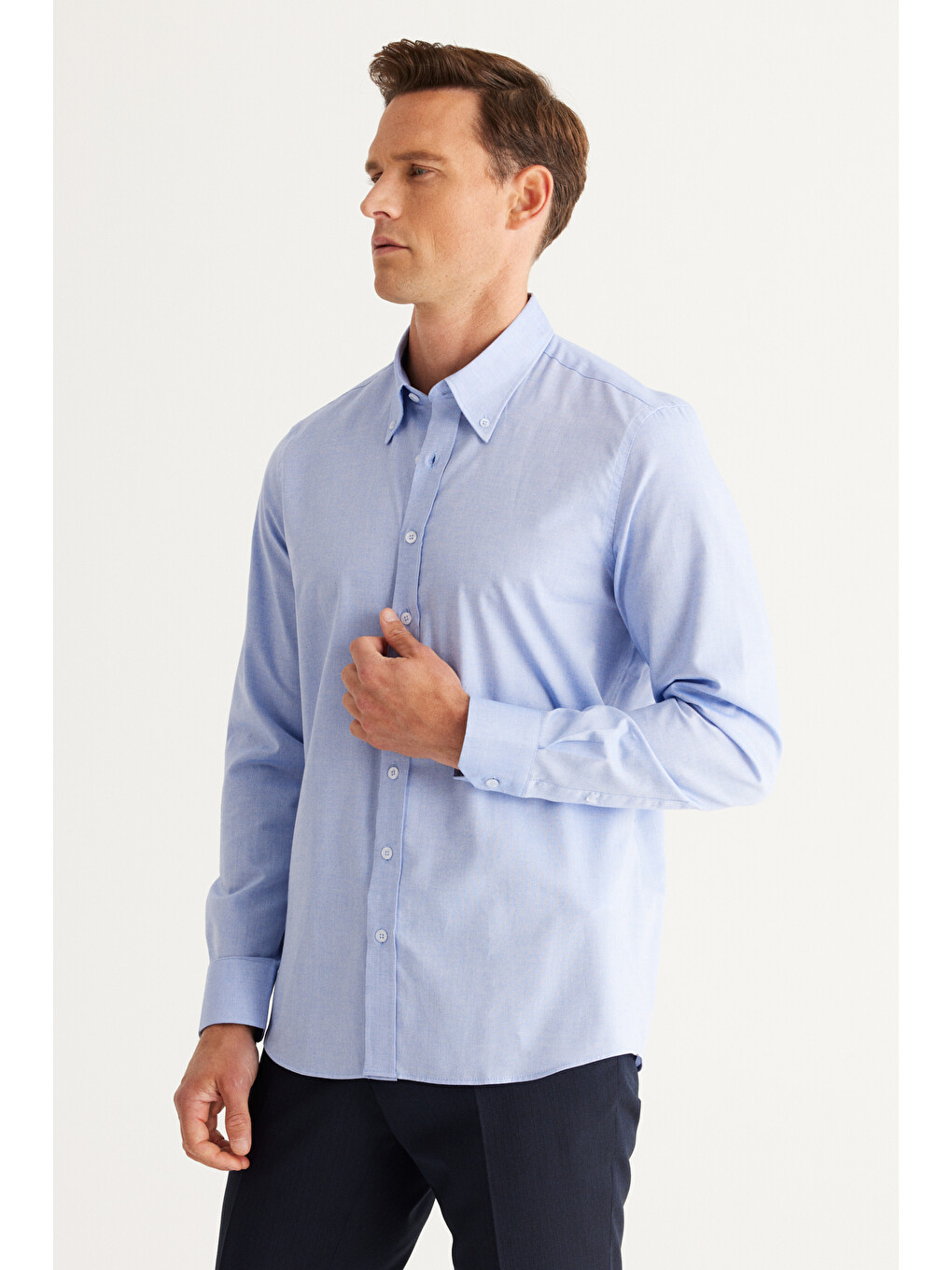 Erkek Mavi Slim Fit Dar Kesim Düğmeli Yaka %100 Pamuk Oxford Gömlek-3