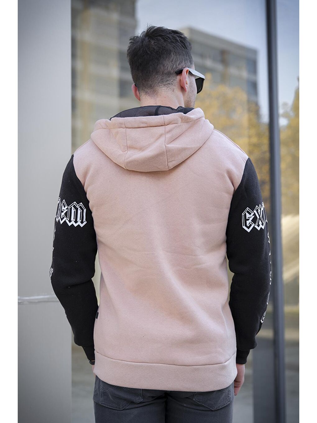 Oksit Kum Extrem Pamuklu Üç İplik Şardonlu Fermuarlı Kapüşonlu Kol Baskılı Slim Fit Erkek Sweatshirt - 3