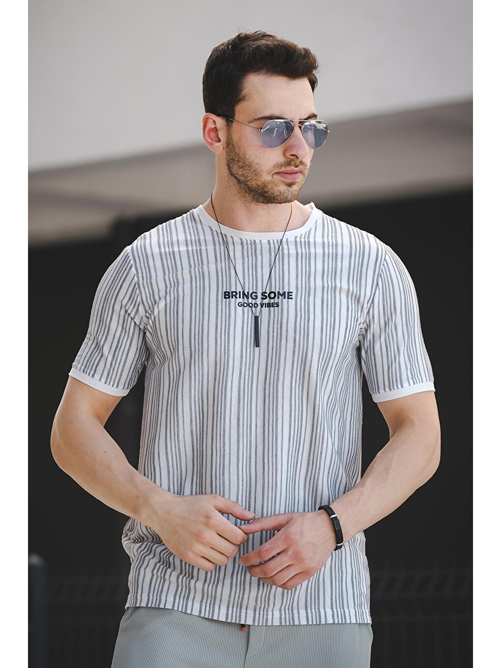 Gri Bring Some Baskılı Çizgili Slim Fit Elastanlı Erkek Tişört-1