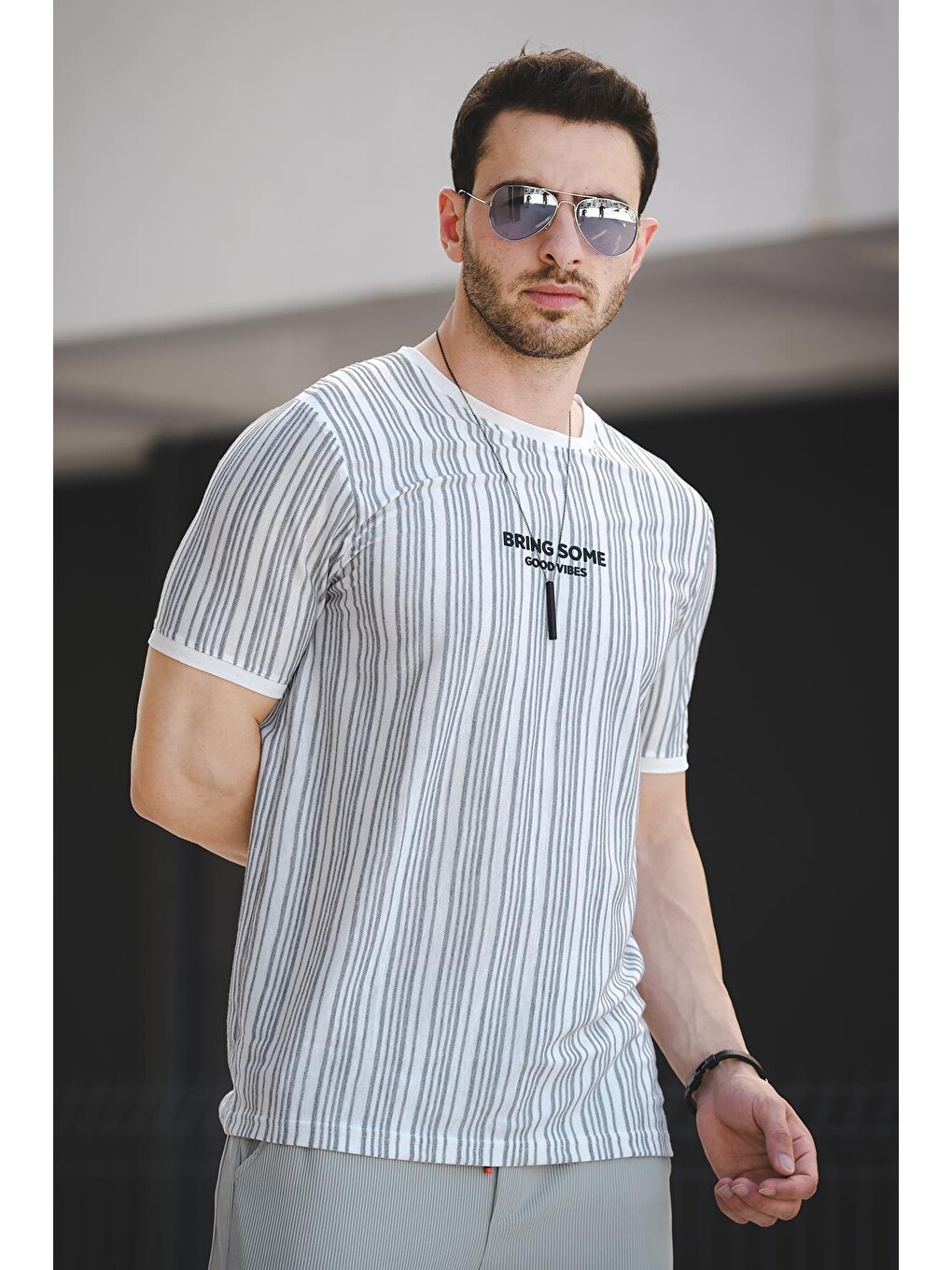 Gri Bring Some Baskılı Çizgili Slim Fit Elastanlı Erkek Tişört-2