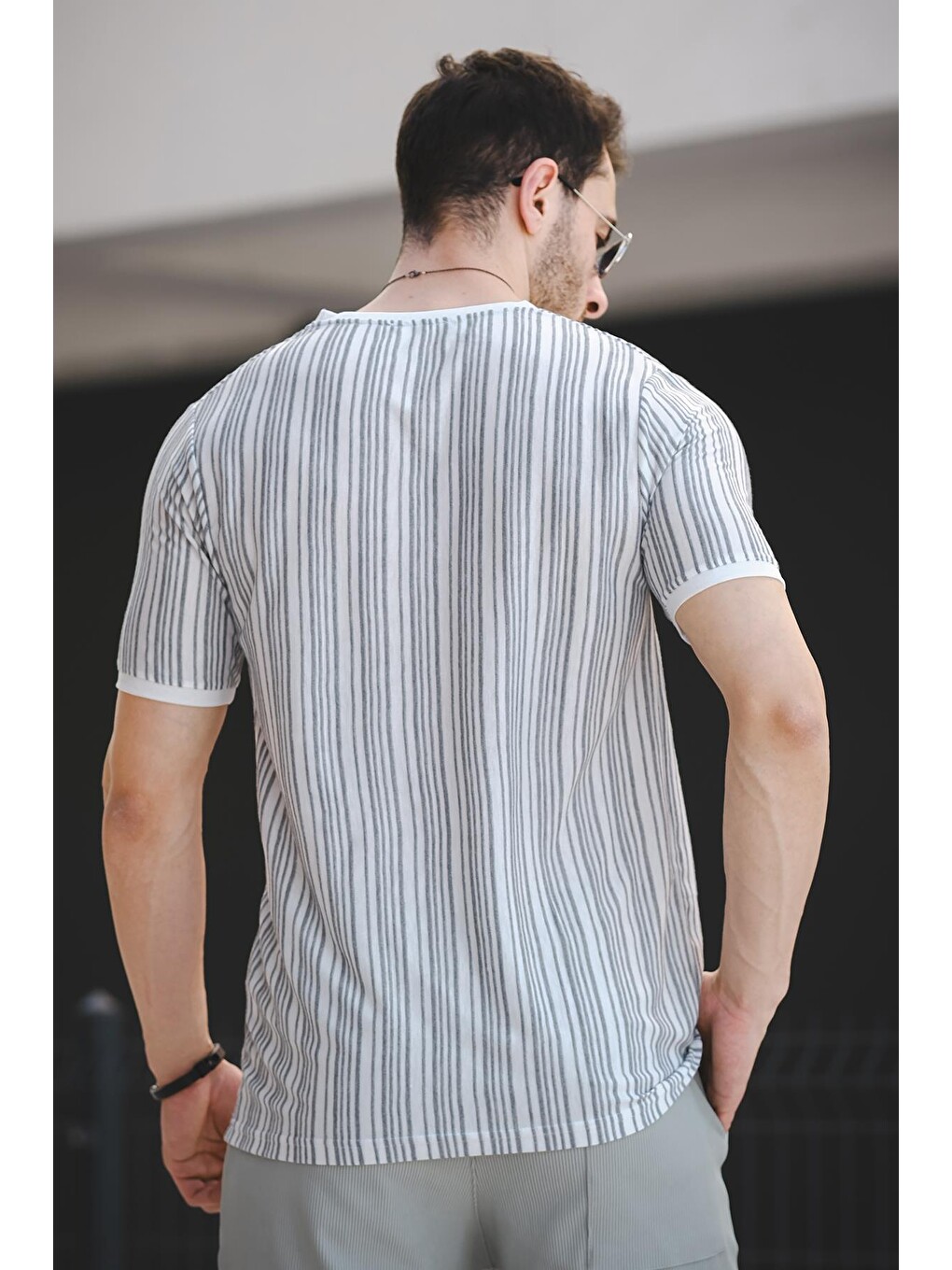 Gri Bring Some Baskılı Çizgili Slim Fit Elastanlı Erkek Tişört-3