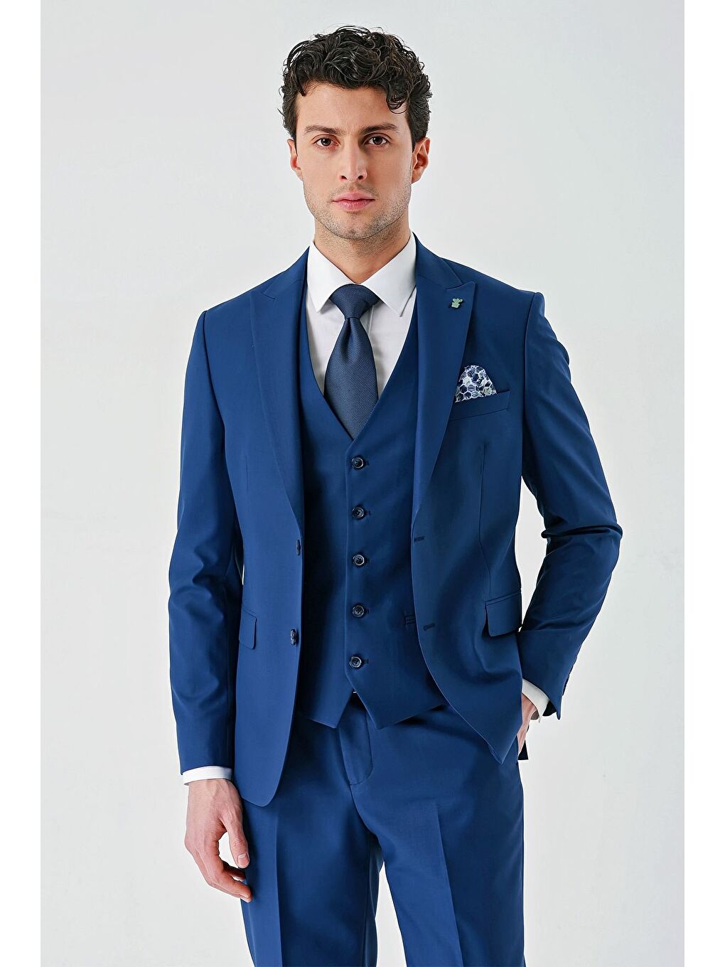 Lacivert Gabardin Kırlangıç Yaka Yelekli 6 Drop Slim Fit Klasik Takım Elbise 1001240187