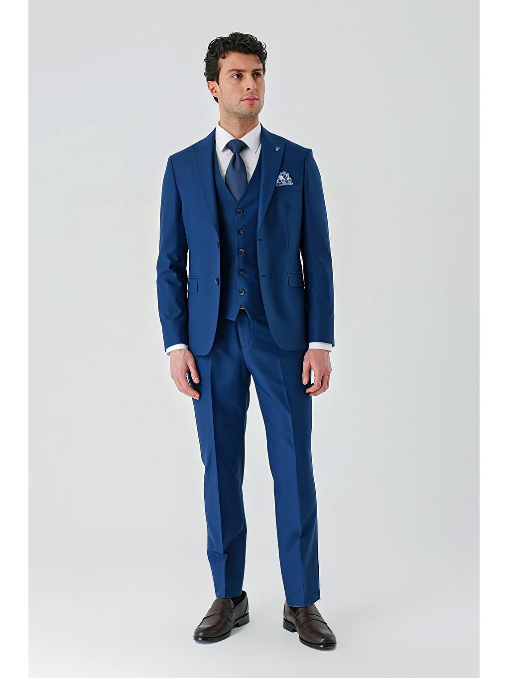 Lacivert Gabardin Kırlangıç Yaka Yelekli 6 Drop Slim Fit Klasik Takım Elbise 1001240187-5