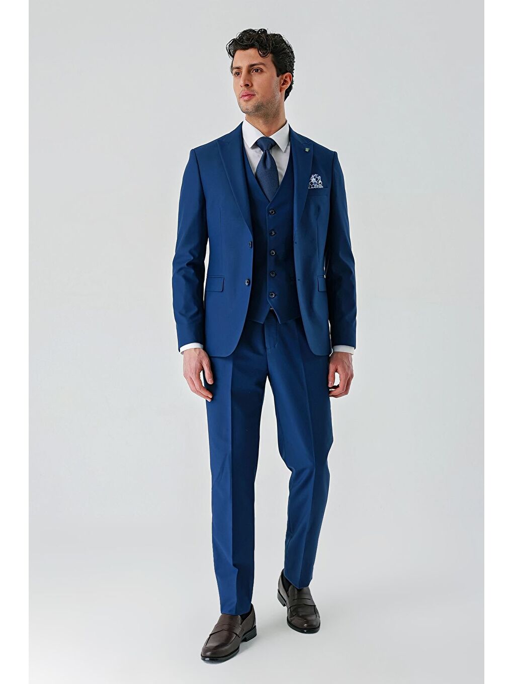 Lacivert Gabardin Kırlangıç Yaka Yelekli 6 Drop Slim Fit Klasik Takım Elbise 1001240187-7