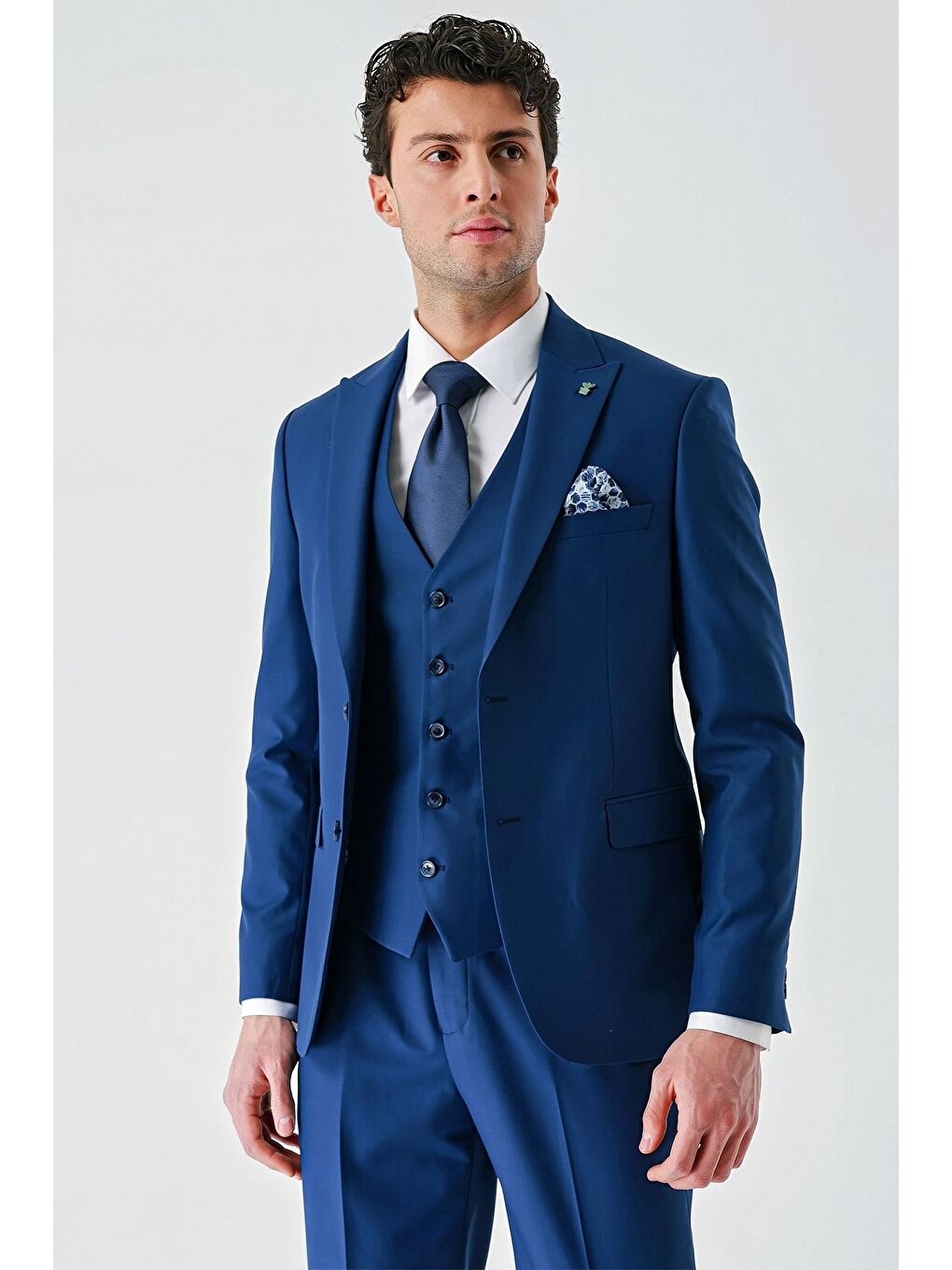 Lacivert Gabardin Kırlangıç Yaka Yelekli 6 Drop Slim Fit Klasik Takım Elbise 1001240187-10