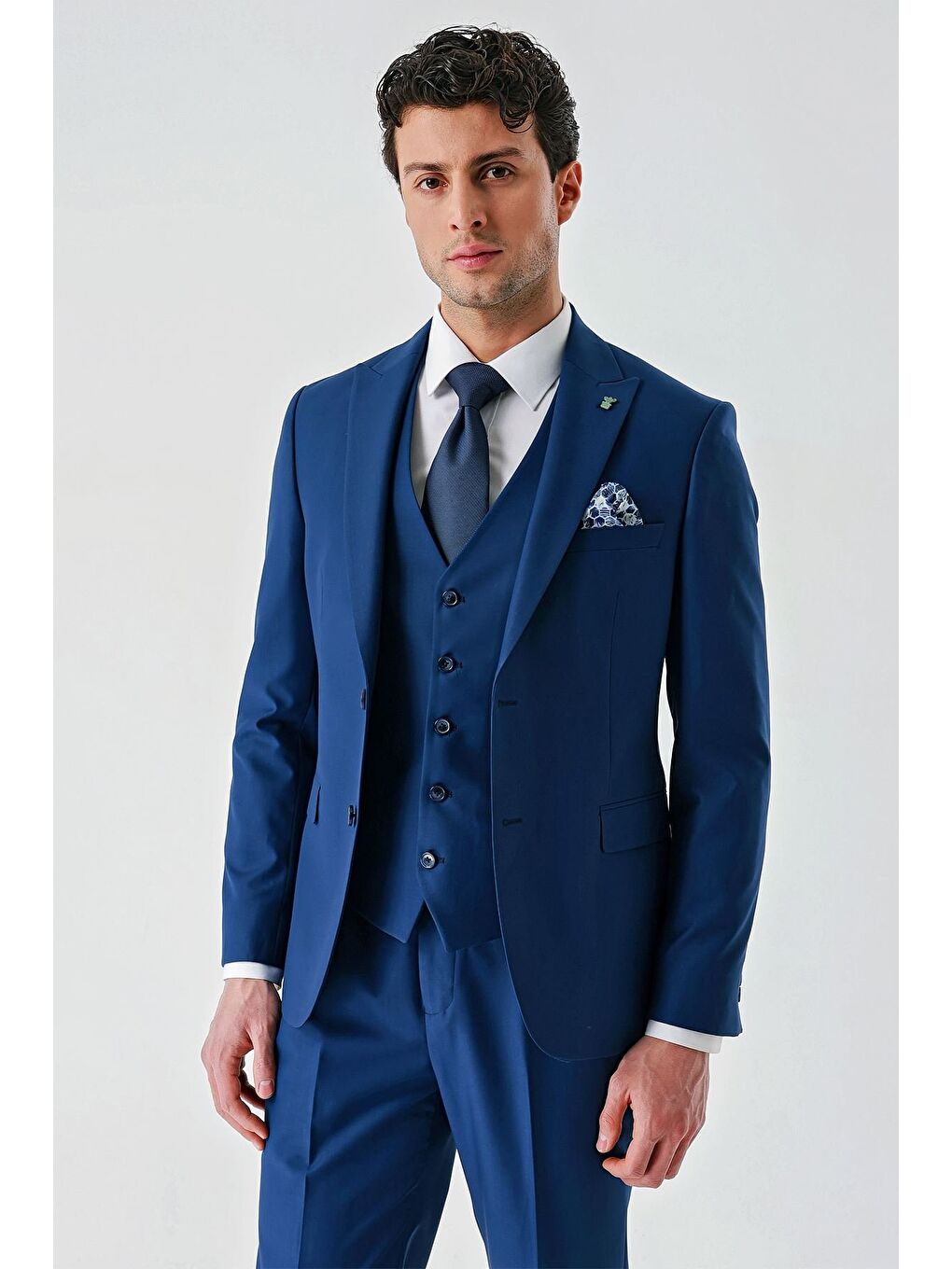 Lacivert Gabardin Kırlangıç Yaka Yelekli 6 Drop Slim Fit Klasik Takım Elbise 1001240187-11