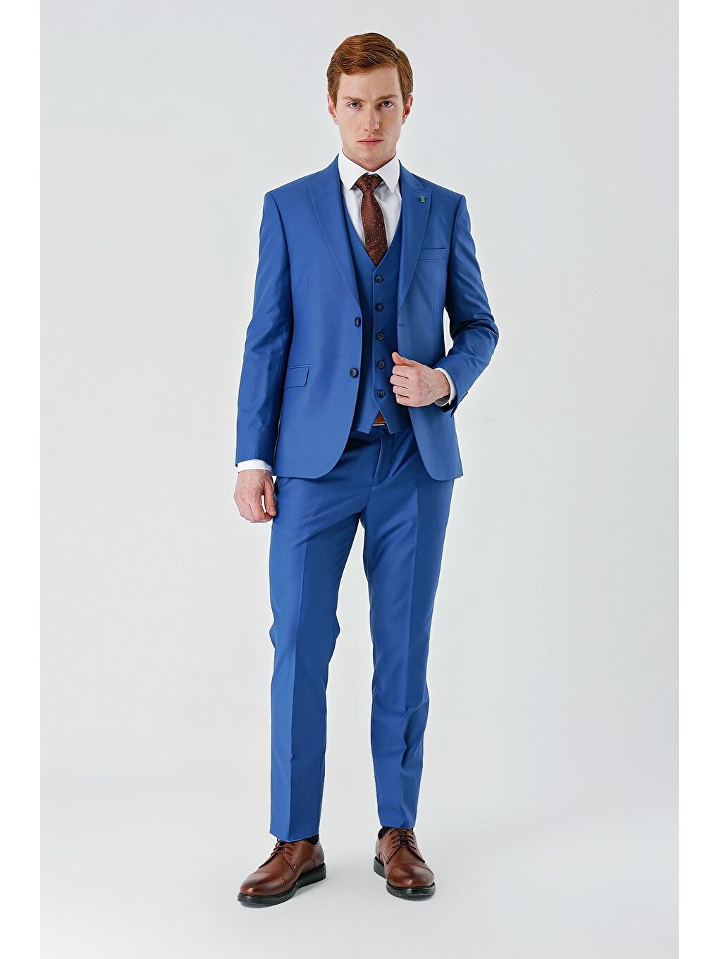 Mavi Saks Gabardin Kırlangıç Yaka Yelekli 6 Drop Slim Fit Klasik Takım Elbise 1001240187-3