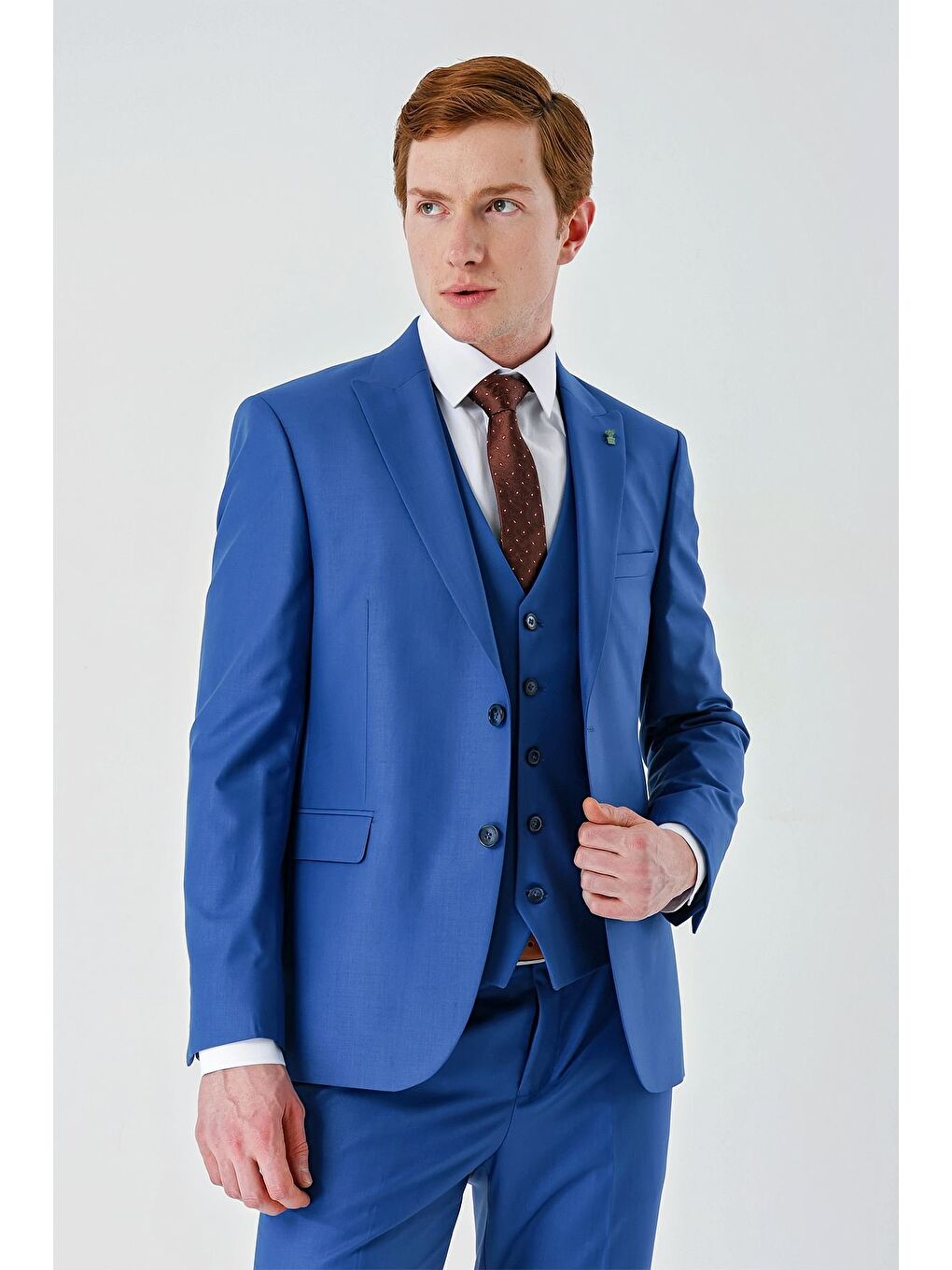 Mavi Saks Gabardin Kırlangıç Yaka Yelekli 6 Drop Slim Fit Klasik Takım Elbise 1001240187-8