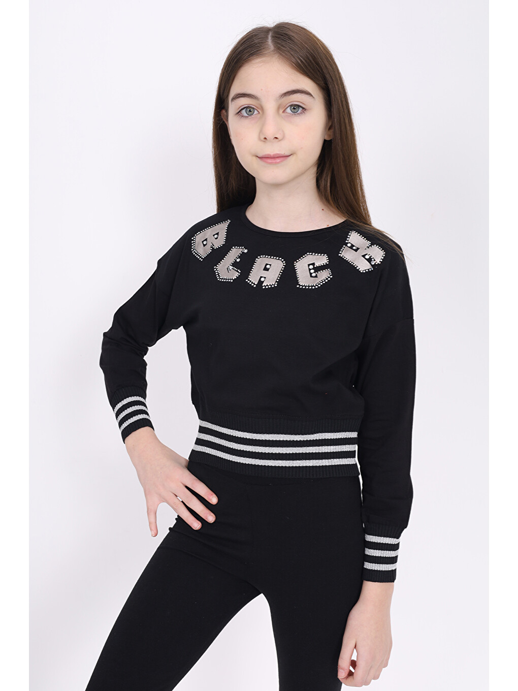 Ekru Kız Çocuk Sweatshirt Black Varak Baskılı