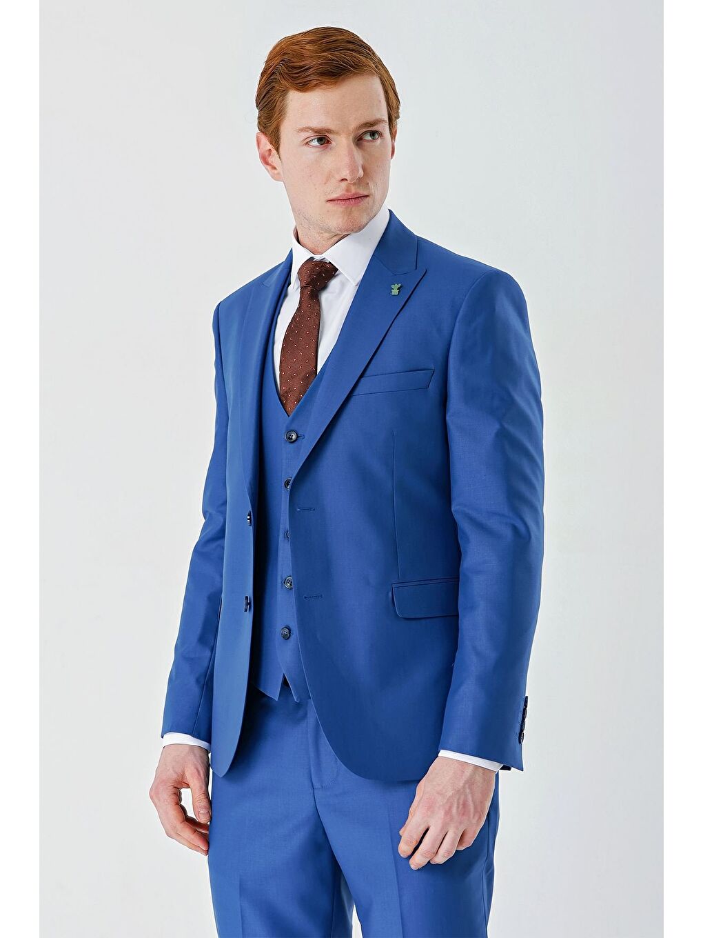 Mavi Saks Gabardin Kırlangıç Yaka Yelekli 6 Drop Slim Fit Klasik Takım Elbise 1001240187-9