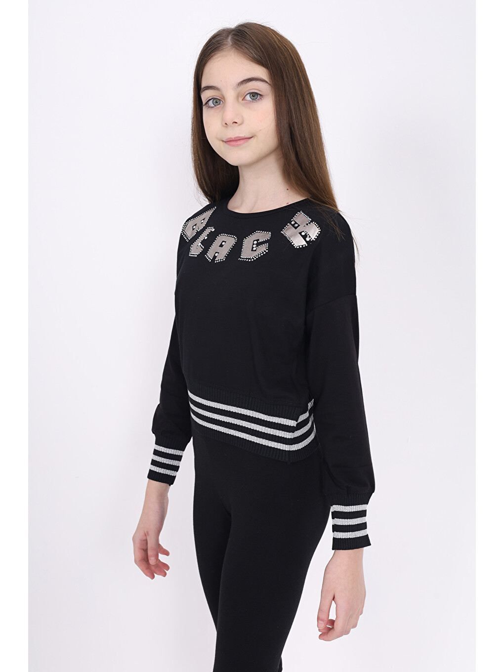 Ekru Kız Çocuk Sweatshirt Black Varak Baskılı-1