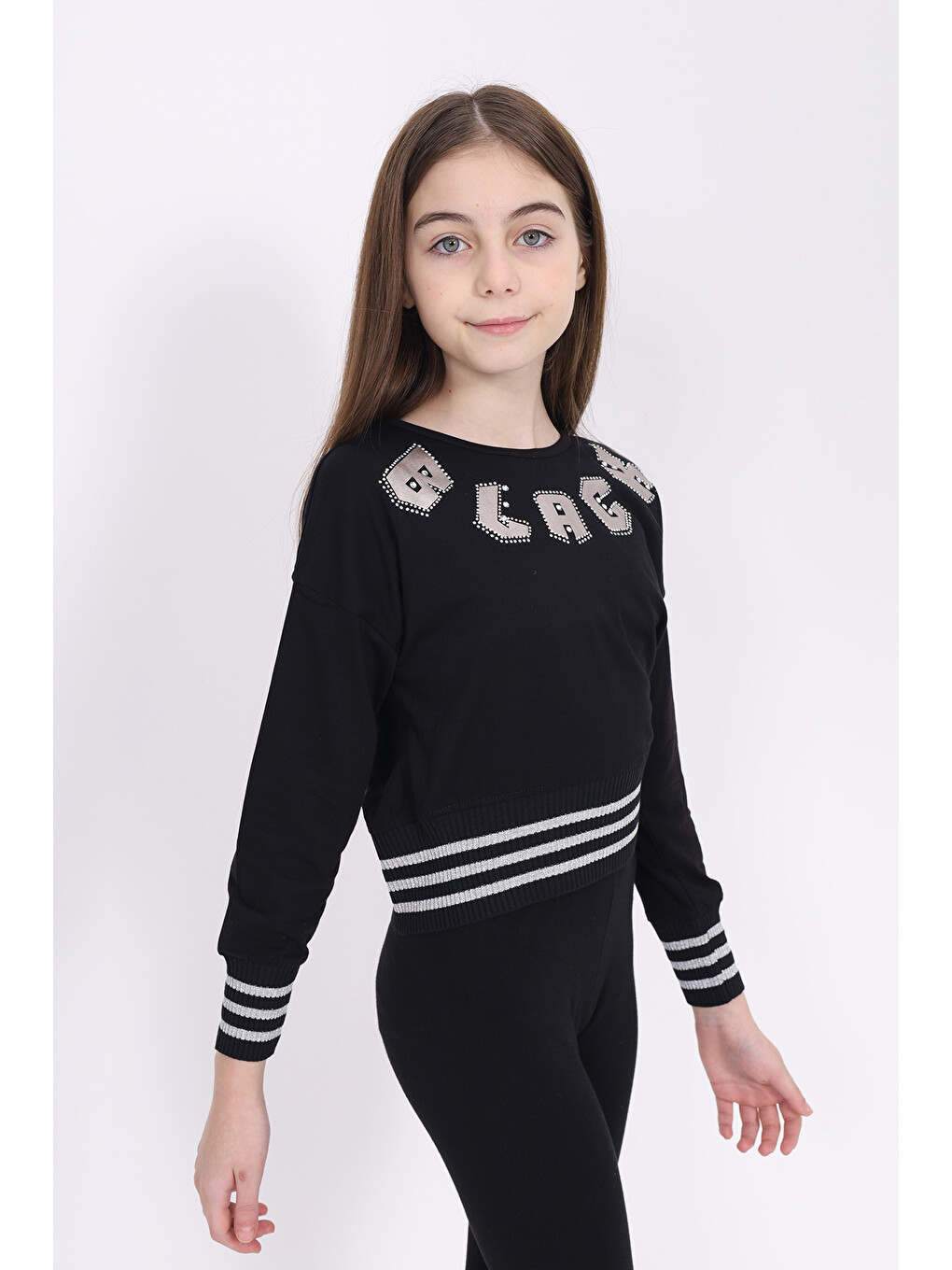 Ekru Kız Çocuk Sweatshirt Black Varak Baskılı-2