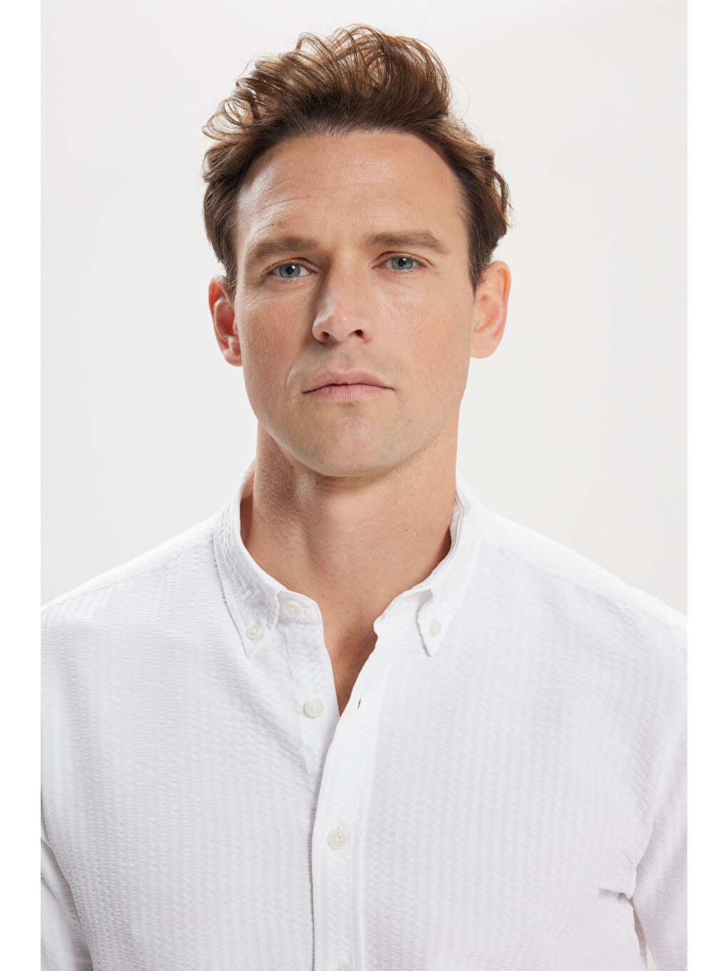 Erkek Beyaz Slim Fit Dar Kesim Düğmeli Yaka %100 Pamuk Gömlek-3