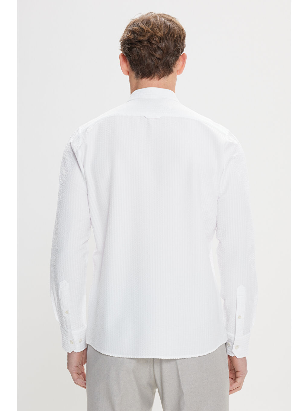 Erkek Beyaz Slim Fit Dar Kesim Düğmeli Yaka %100 Pamuk Gömlek-4