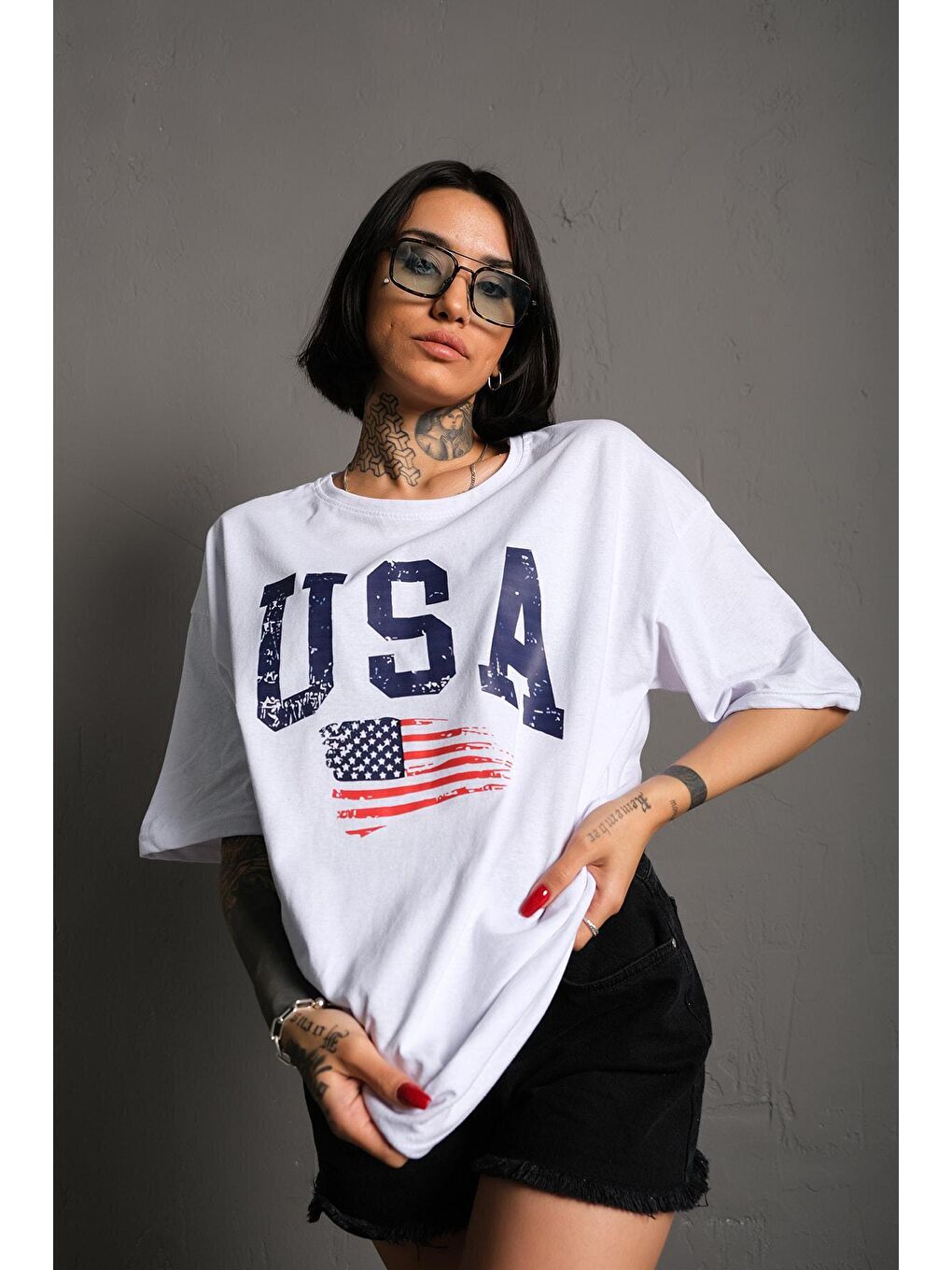 Trendseninle Beyaz Usa Flag Baskılı Beyaz Oversize Tişört - 1