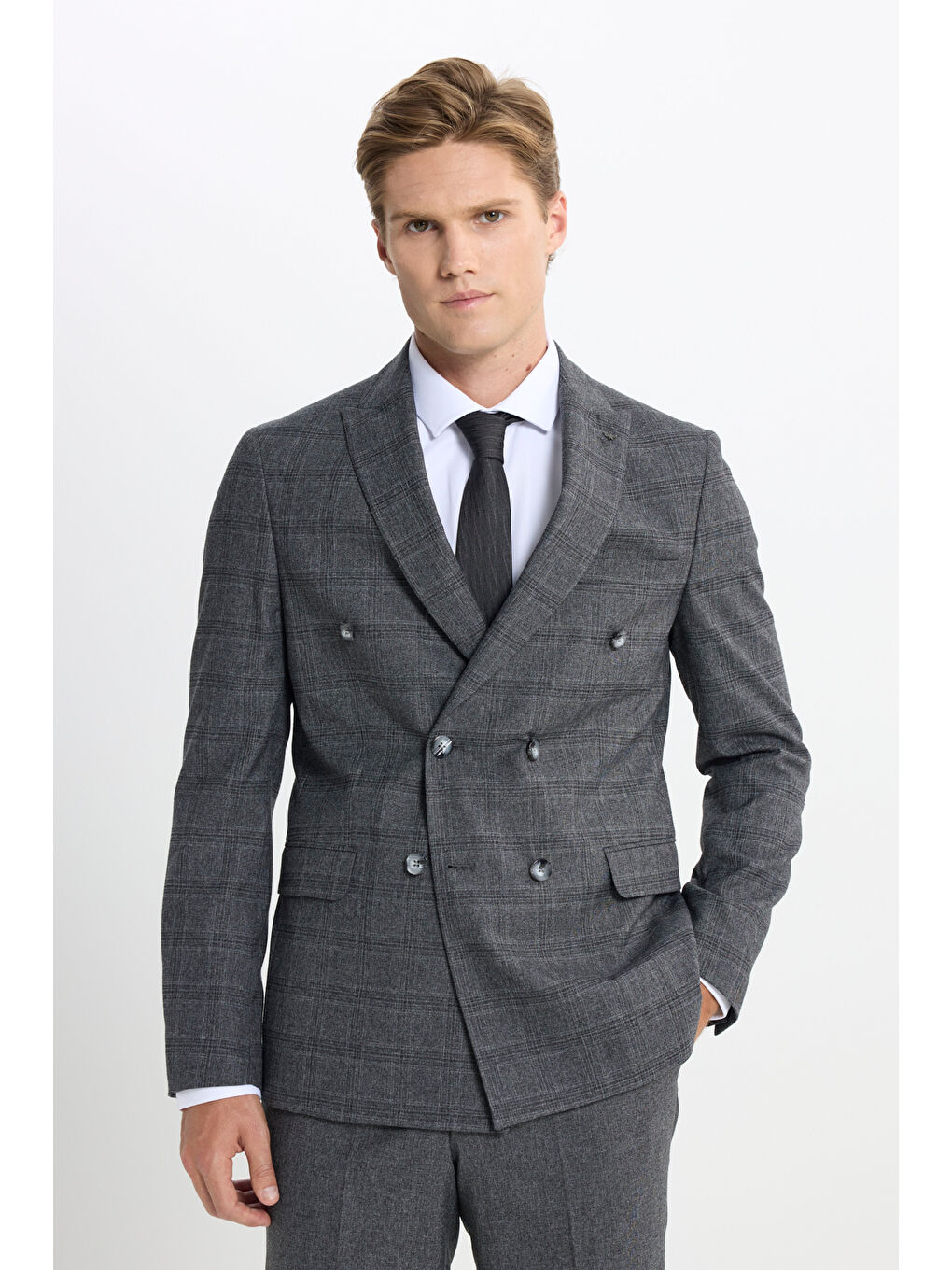 Erkek Antrasit Slim Fit Dar Kesim Kırlangıç Yaka Kareli Kapak Cepli Esnek Takım Elbise