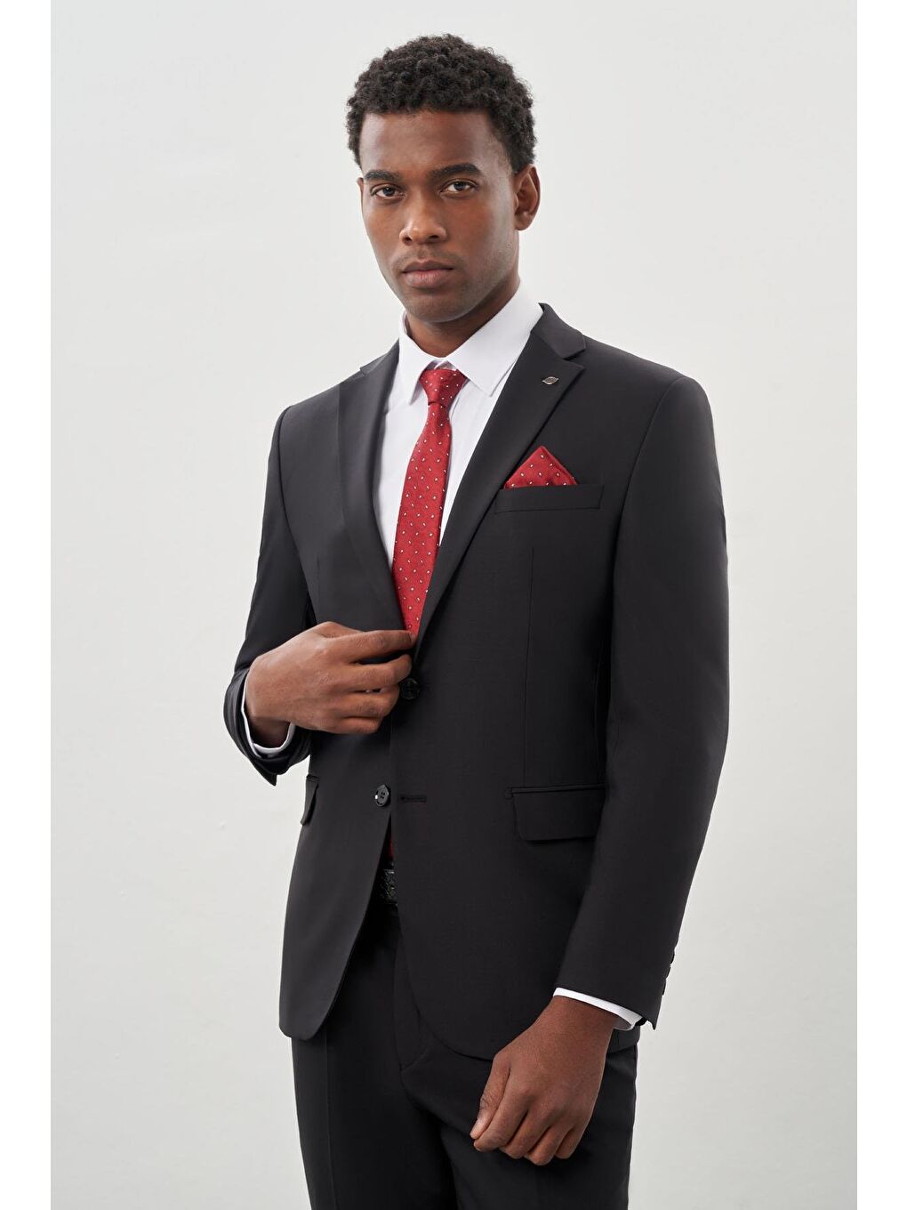 Siyah Düz Bez Ayağı Mono Yaka 2 Düğme Yünlü 6 Drop Comfort Fit Classic Takım Elbise 1001245180_001-2