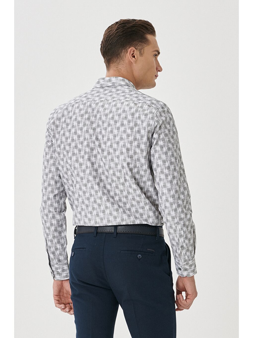 Erkek Açık Gri Slim Fit Dar Kesim Düğmeli Yaka Baskılı Açık Gri Gömlek-4
