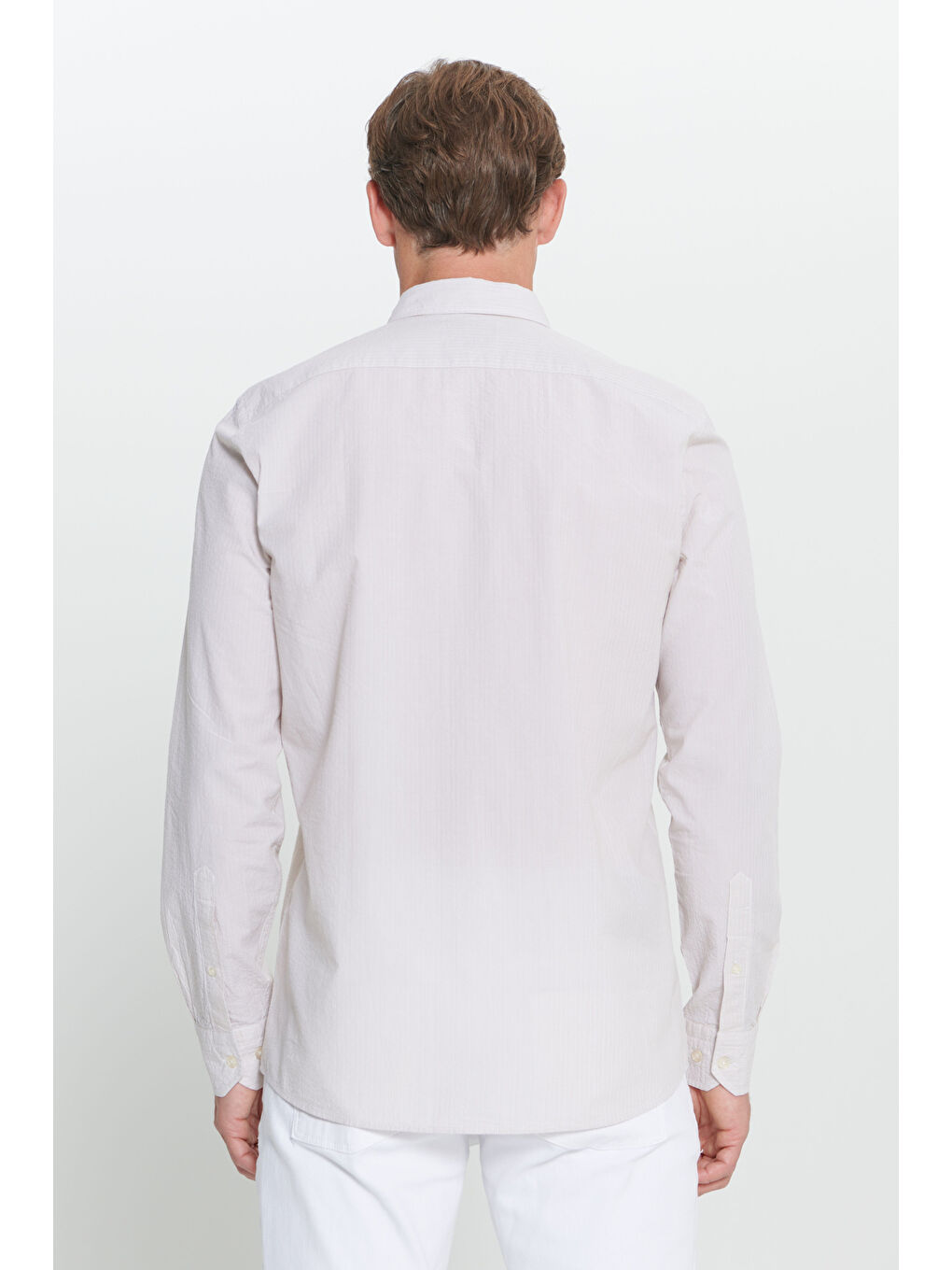 Erkek Beyaz-Bej Slim Fit Dar Kesim Düğmeli Yaka %100 Pamuk Çizgili Gömlek-5