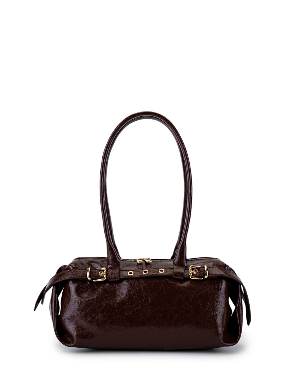 Kahverengi Kemer Detaylı Rugan Suni Deri Omuz Çanta Anfora Acı Kahve