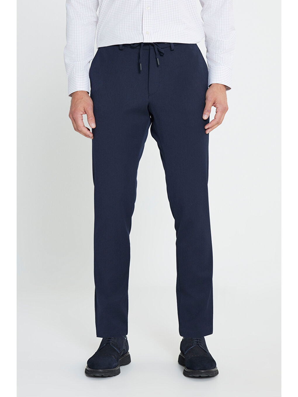 Erkek Lacivert Slim Fit Dar Kesim Beli Bağlamalı Yan Cep Esnek Casual Pantolon