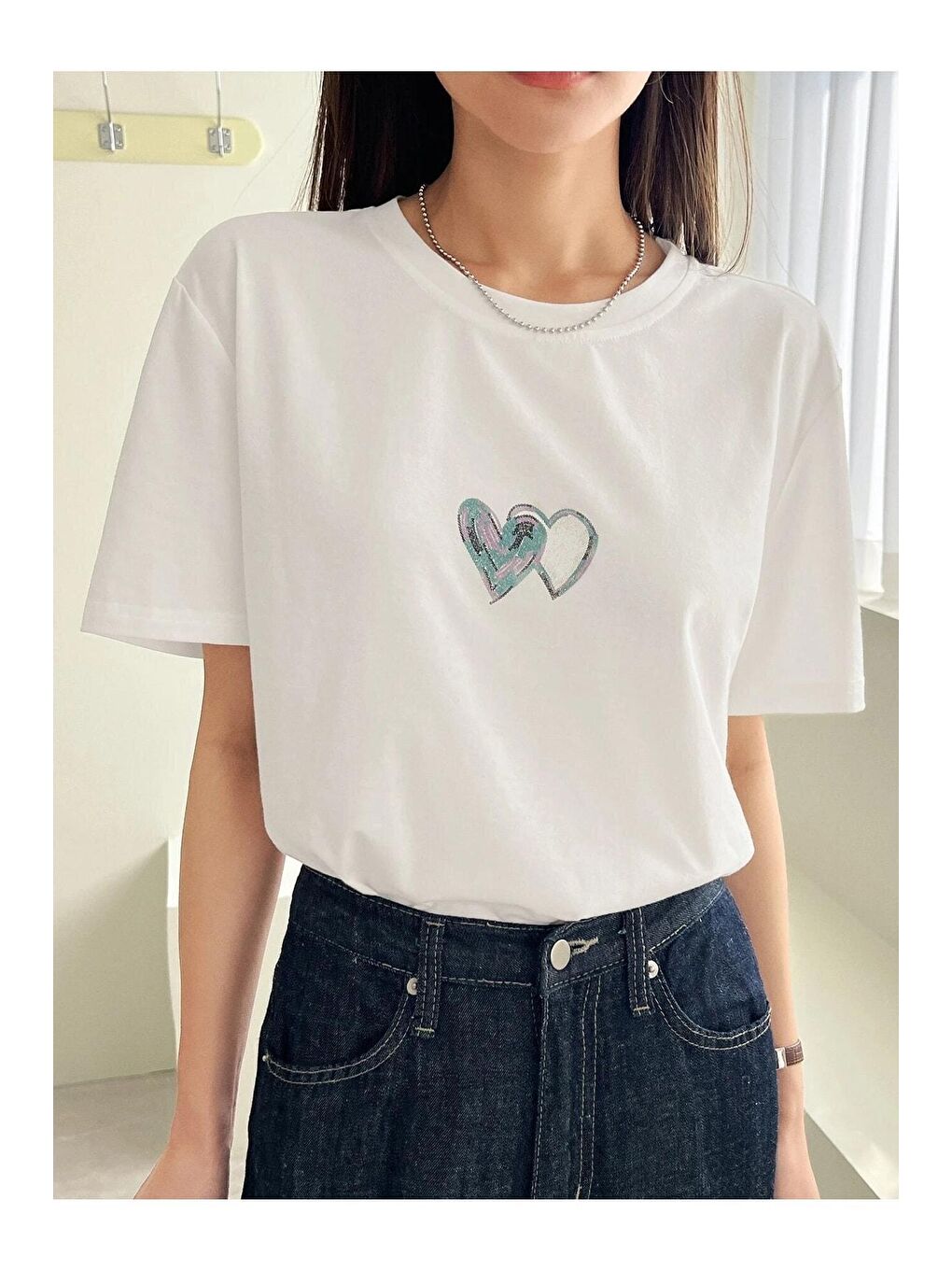 Trendseninle Beyaz Kadın Beyaz Çift Heart Baskılı Oversize Tişört - 5