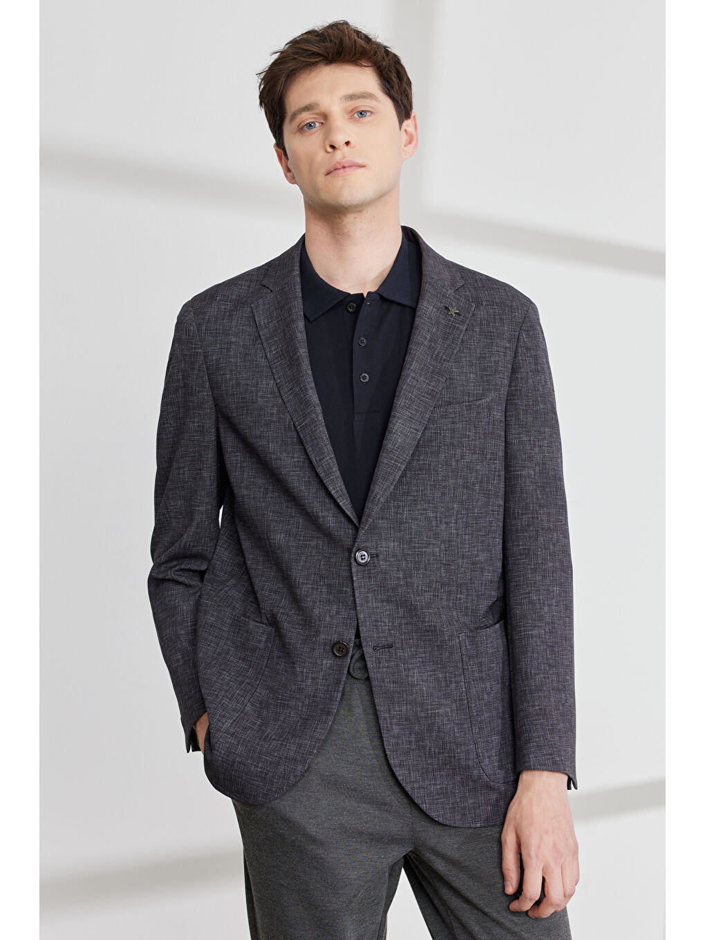 Erkek Siyah-Gri Comfort Fit Geniş Kesim Mono Yaka Magic Ceket