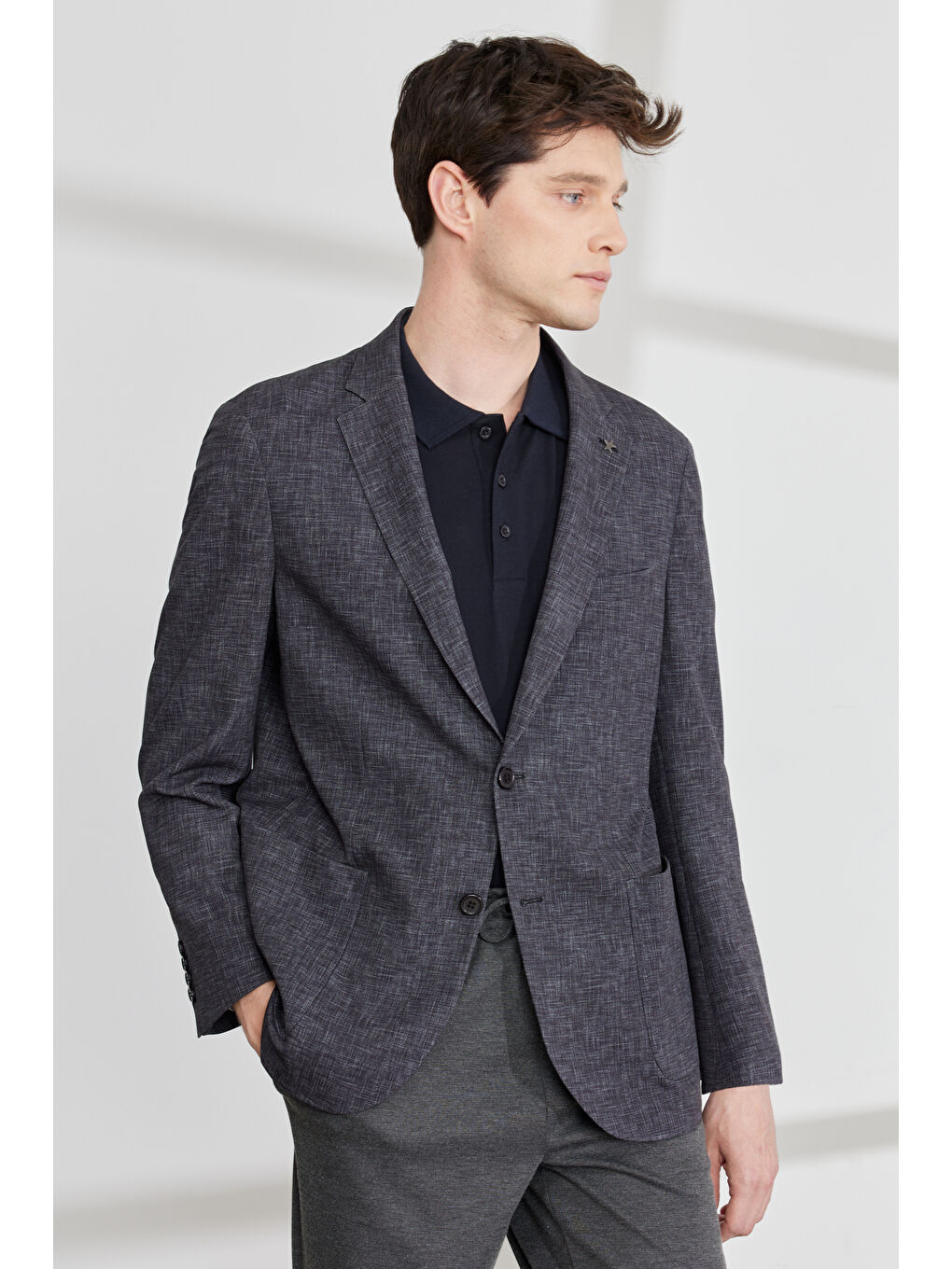 Erkek Siyah-Gri Comfort Fit Geniş Kesim Mono Yaka Magic Ceket-2