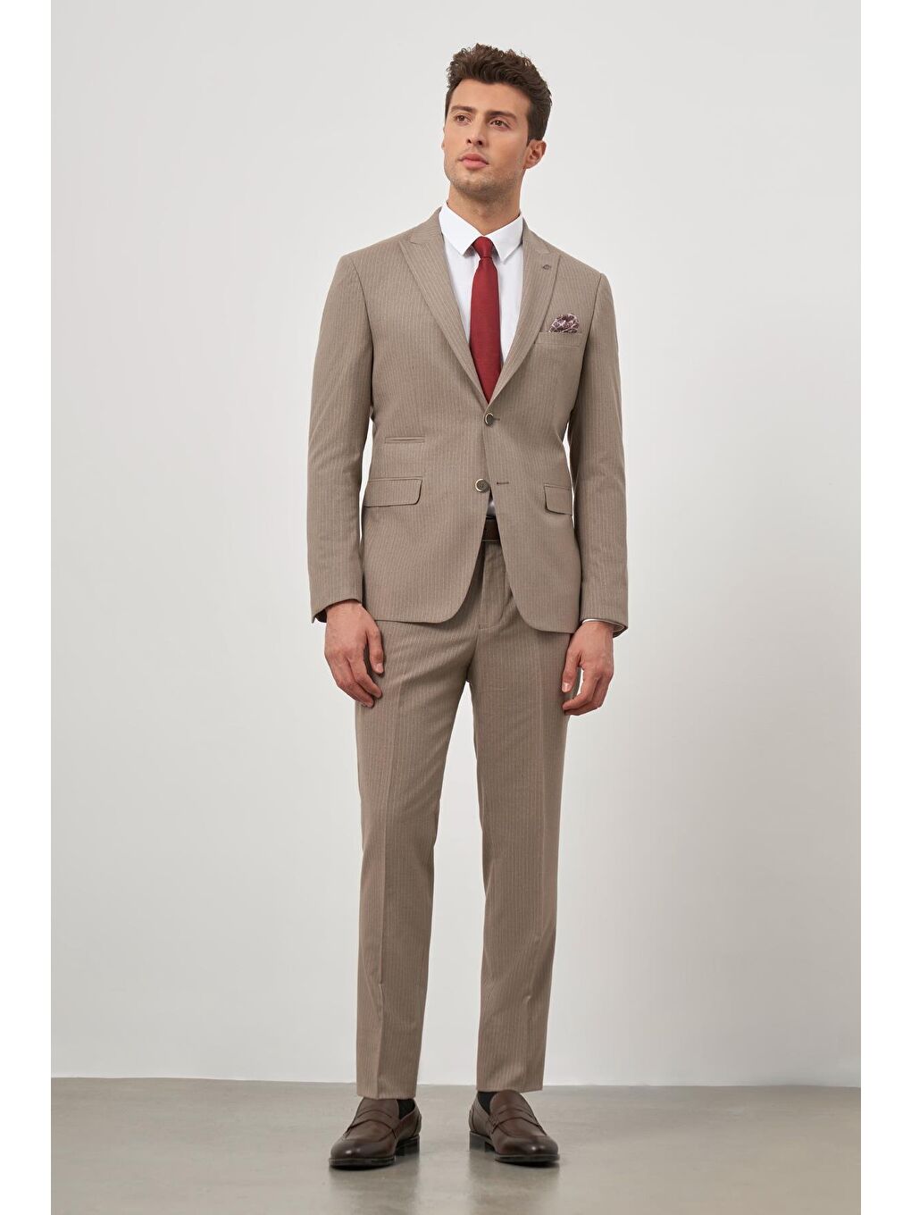 Kahverengi Koyu Vizon Çizgili Mono Yaka Astarlı 6 Drop Slim Fit Dar Kesim Takım Elbise 1001245106