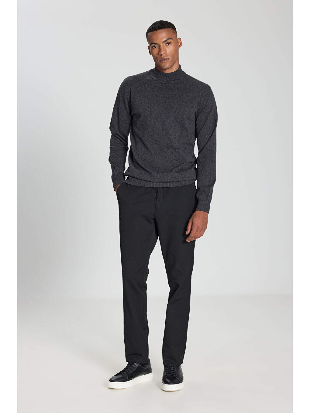 Erkek Antrasit-Melanj Pamuklu Standart Fit Normal Kesim Yarım Balıkçı Yaka Triko Kazak-2