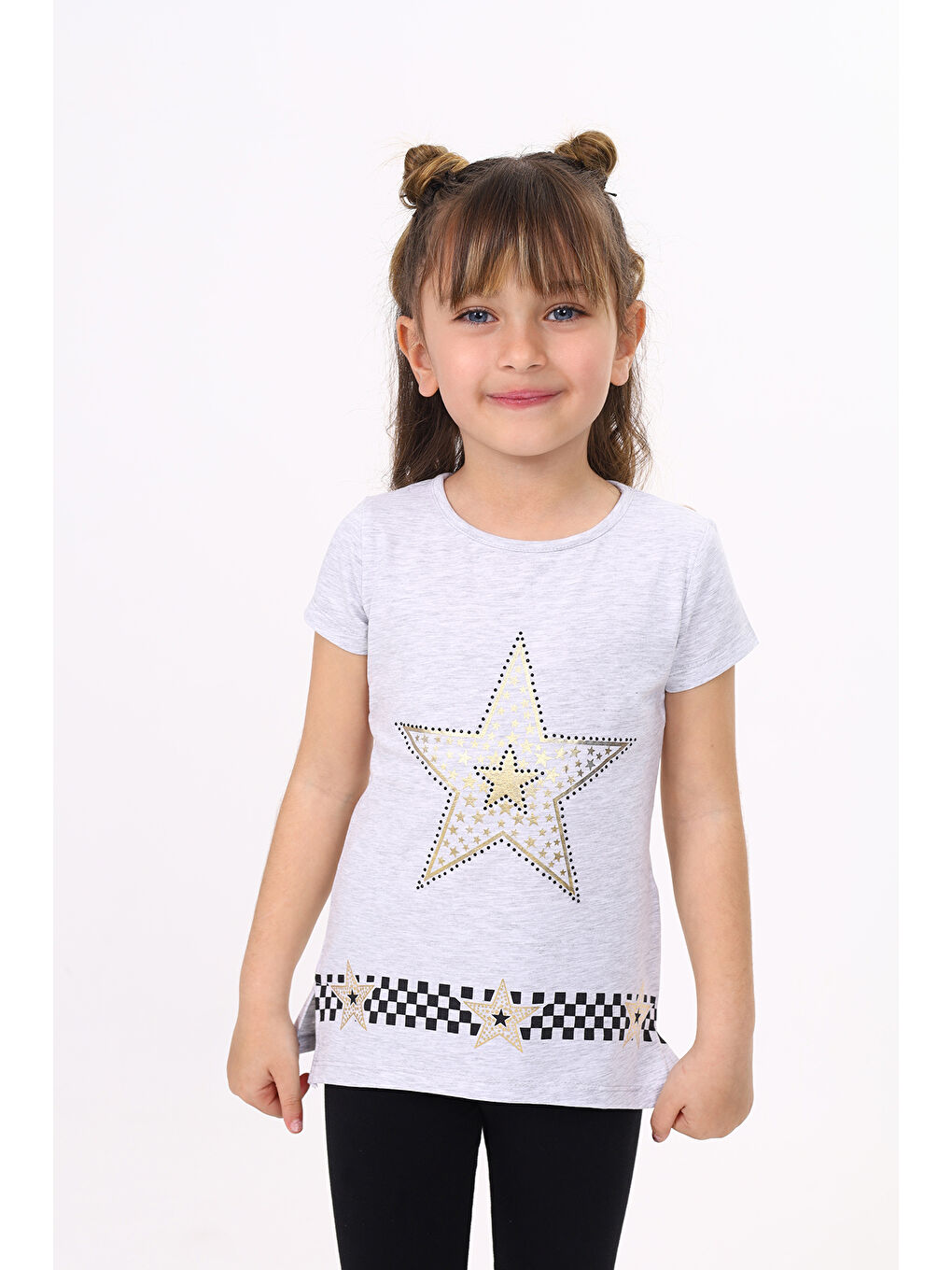 Toontoykids Gri Melanj Kız Çocuk T-Shirt Yıldız Baskı