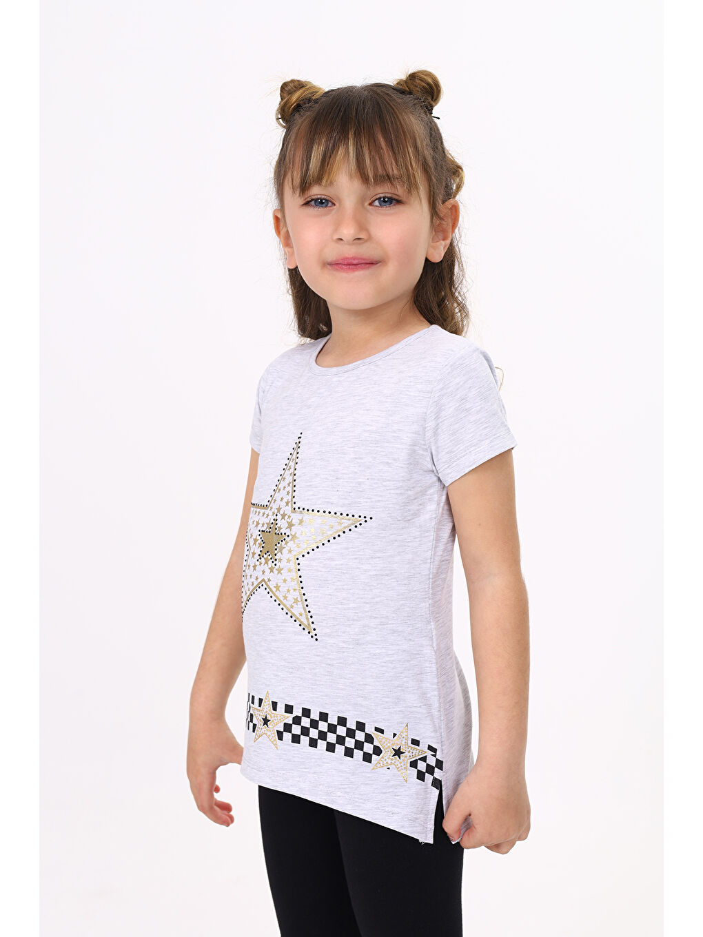 Toontoykids Gri Melanj Kız Çocuk T-Shirt Yıldız Baskı - 1