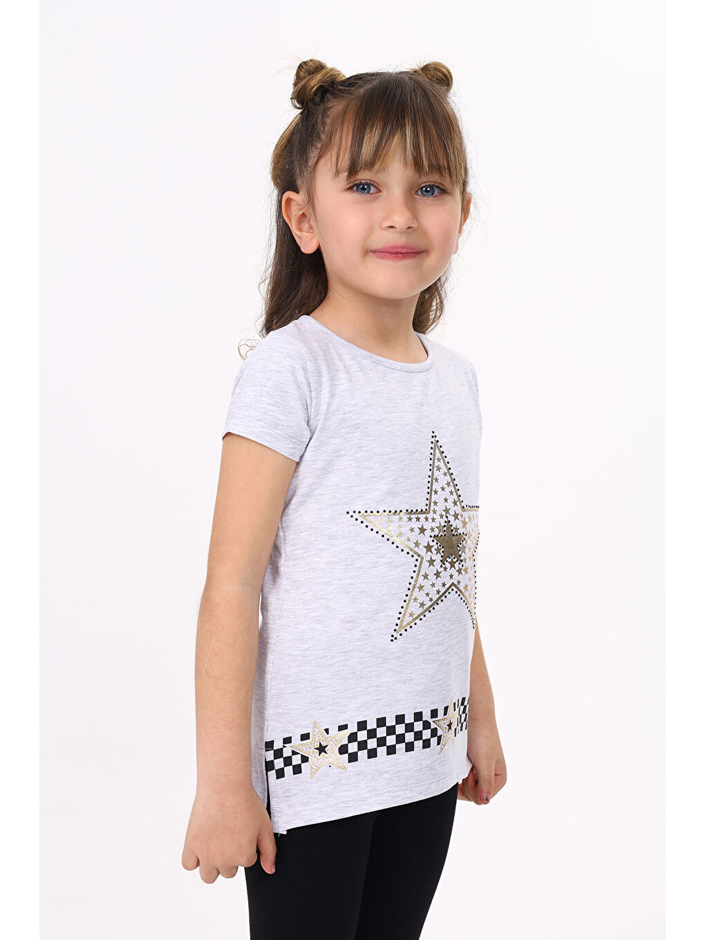 Toontoykids Gri Melanj Kız Çocuk T-Shirt Yıldız Baskı - 2