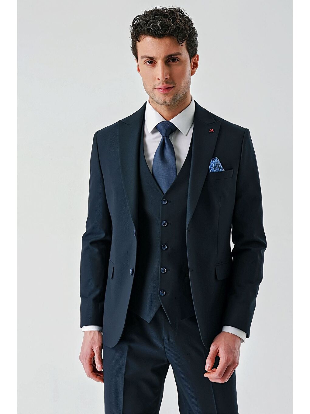 İMZA Koyu Lacivert Kırlangıç Yaka Yelekli Elastanlı 6 Drop Slim Fit Klasik Takım Elbise 1001240168