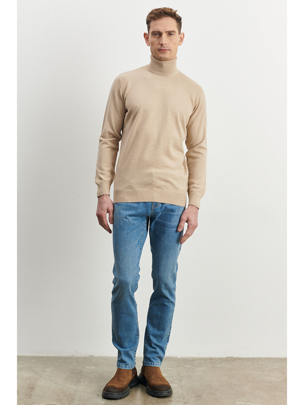 Erkek Bej Standart Fit Normal Kesim Tam Balıkçı Yaka Yünlü Triko Kazak-1