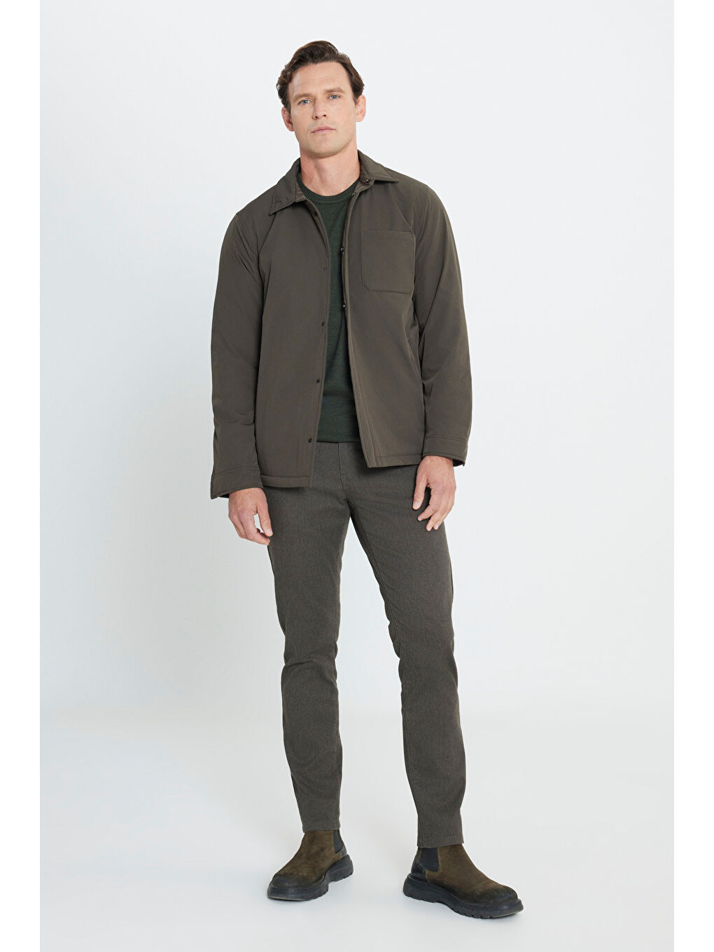 Erkek Haki Su İtici Standart Fit Normal Kesim Cepli Gömlek Yaka Mont-1