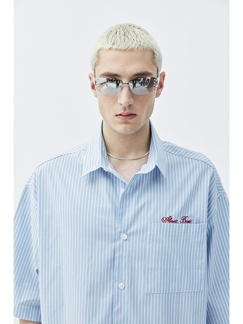 Mavi Cep Detaylı Oversize Çizgili Kısakollu Gömlek-mavi-3