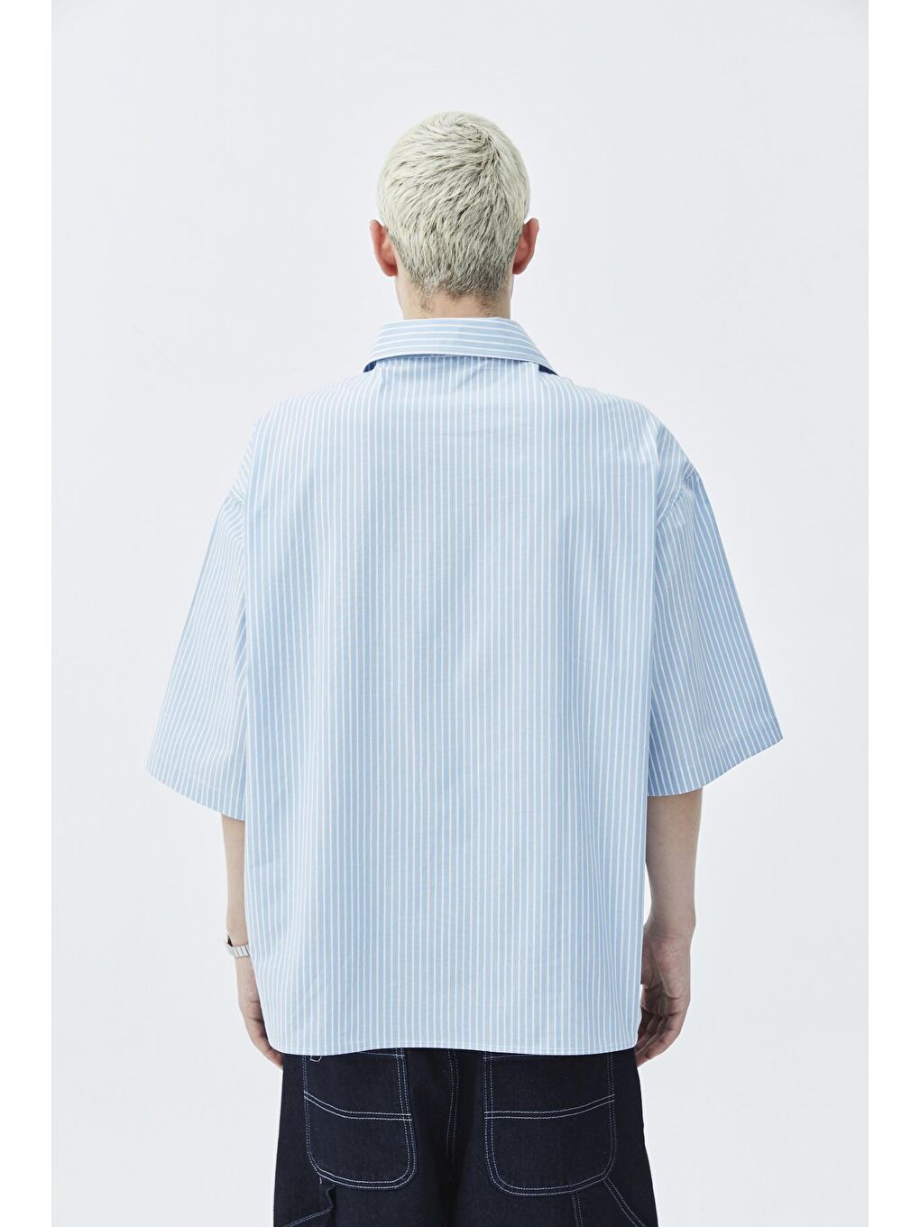Mavi Cep Detaylı Oversize Çizgili Kısakollu Gömlek-mavi-4