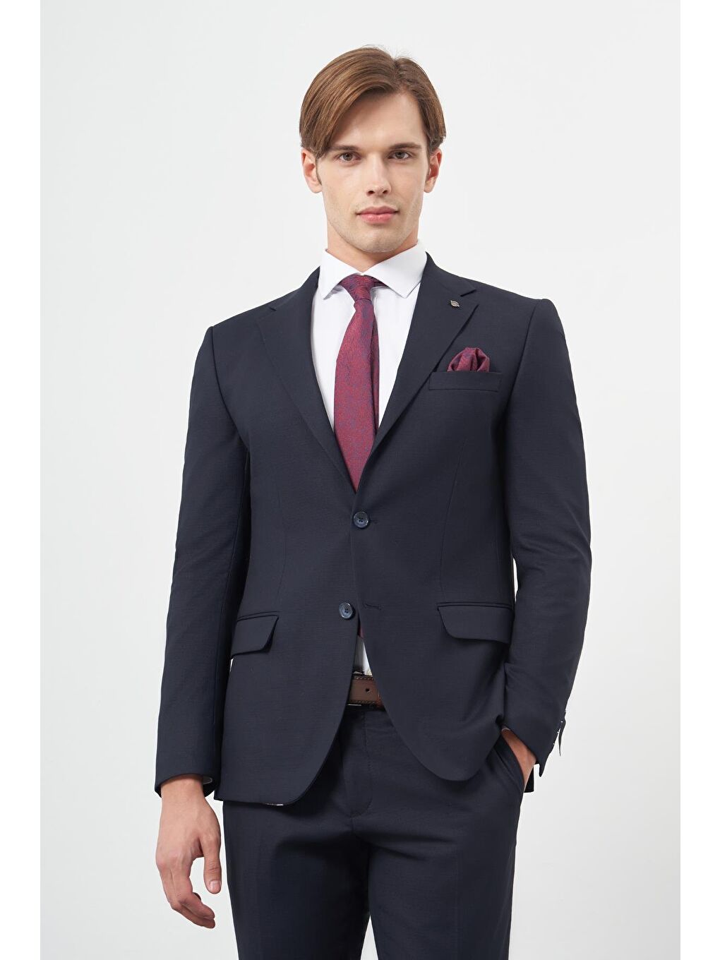 İMZA Koyu Lacivert Armürlü Mono Yaka Tam Astar Esnek 6 Drop Slim Fit Classic Takım Elbise 1001245175
