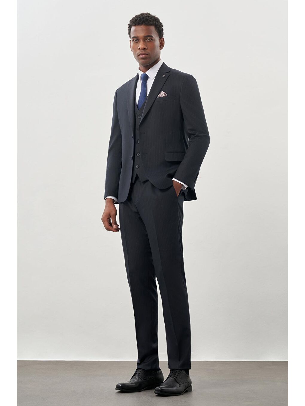 Koyu Lacivert Bez Ayağı Kılıç Yaka Tam Astar Yelekli 6 Drop Slim Fit Takım Elbise 1001245177