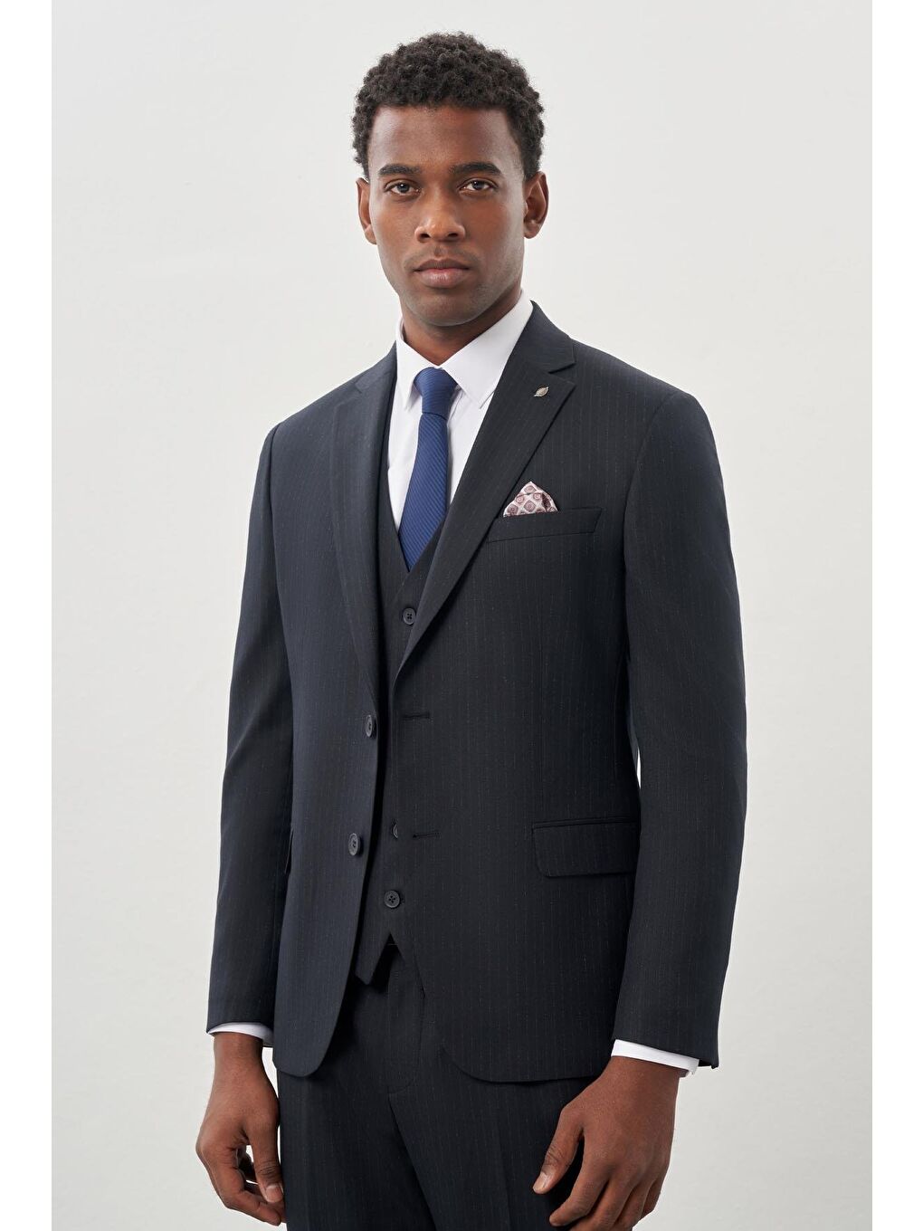 Koyu Lacivert Bez Ayağı Kılıç Yaka Tam Astar Yelekli 6 Drop Slim Fit Takım Elbise 1001245177-1