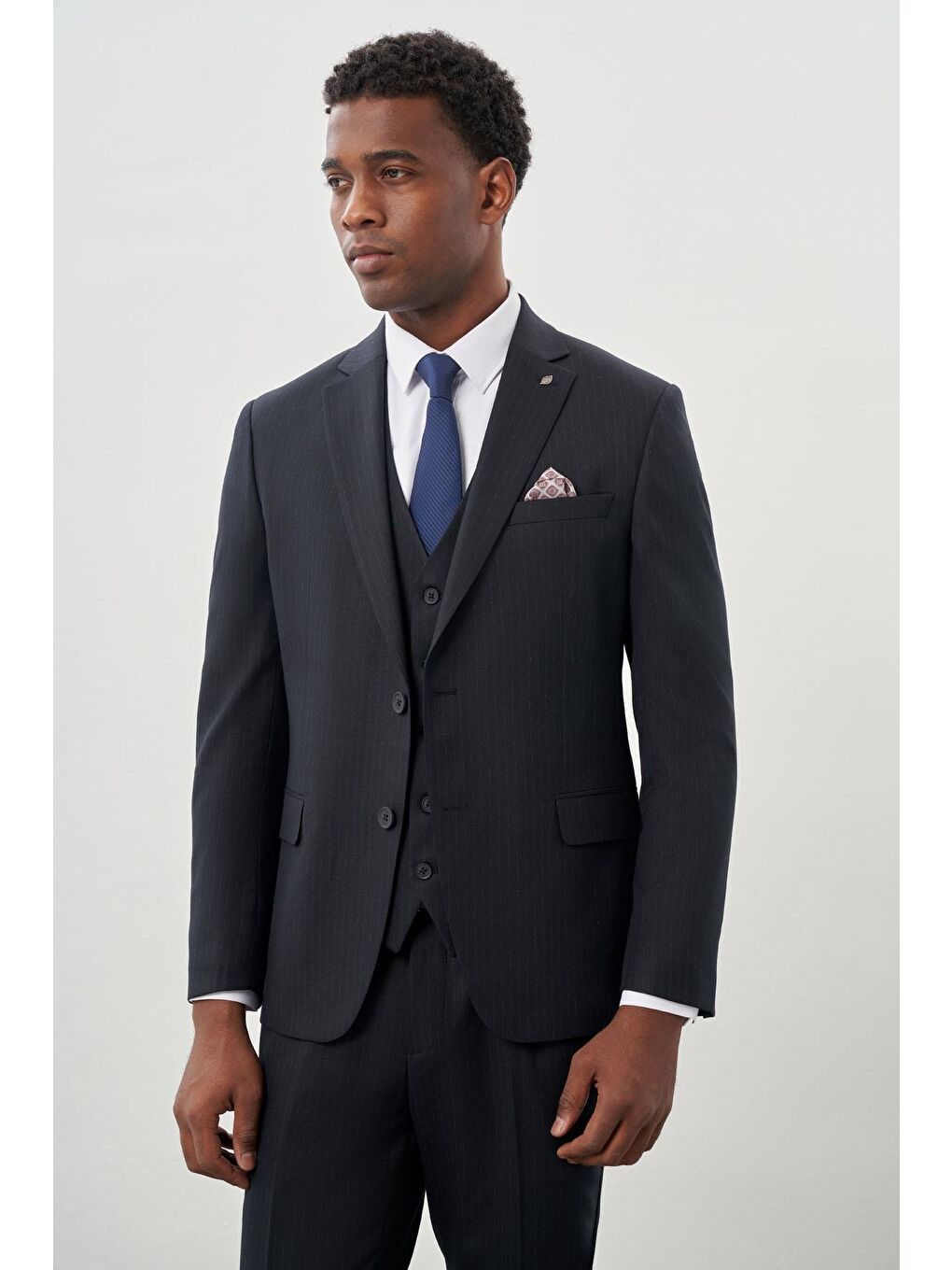 Koyu Lacivert Bez Ayağı Kılıç Yaka Tam Astar Yelekli 6 Drop Slim Fit Takım Elbise 1001245177-2