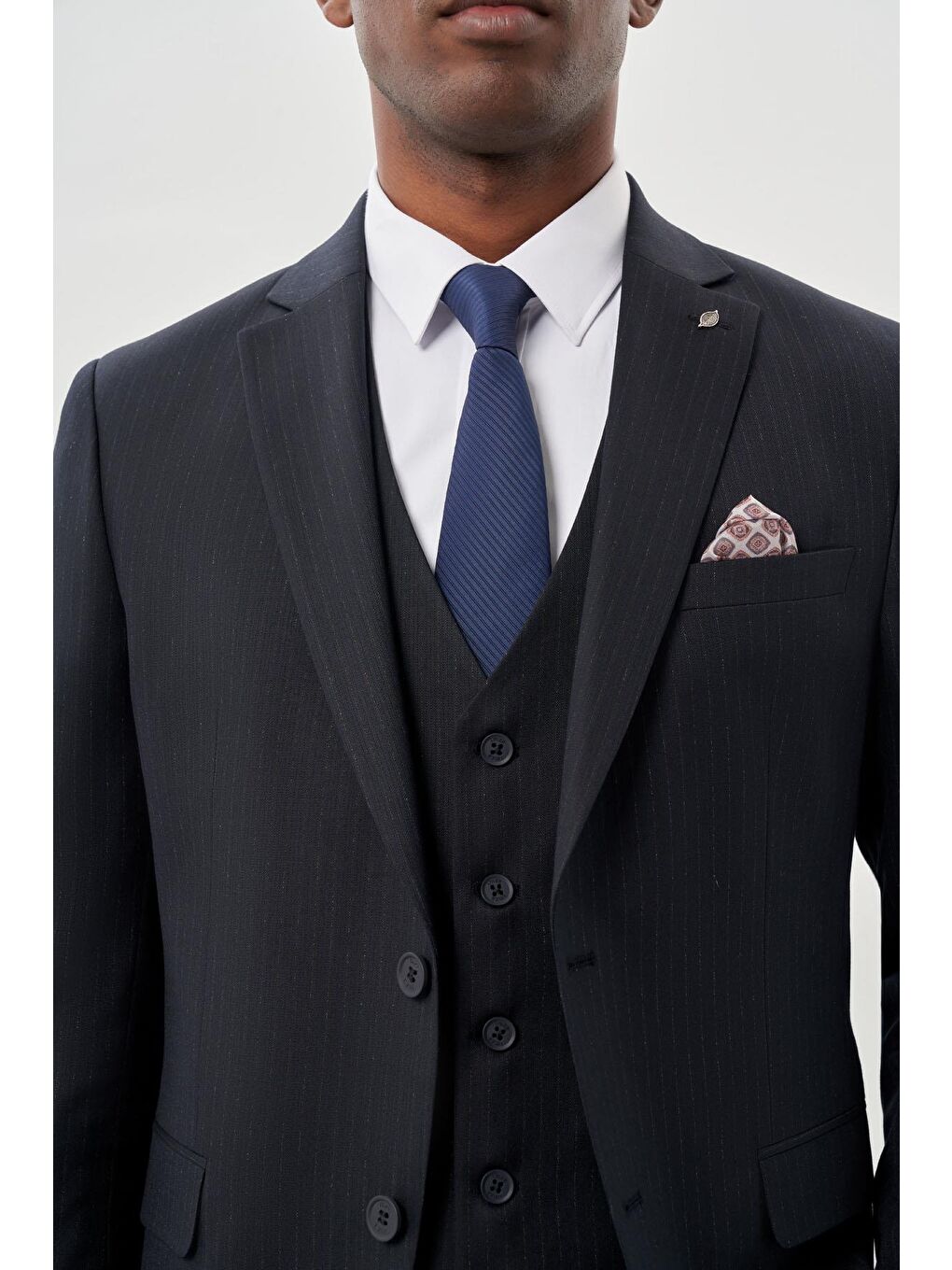 Koyu Lacivert Bez Ayağı Kılıç Yaka Tam Astar Yelekli 6 Drop Slim Fit Takım Elbise 1001245177-3