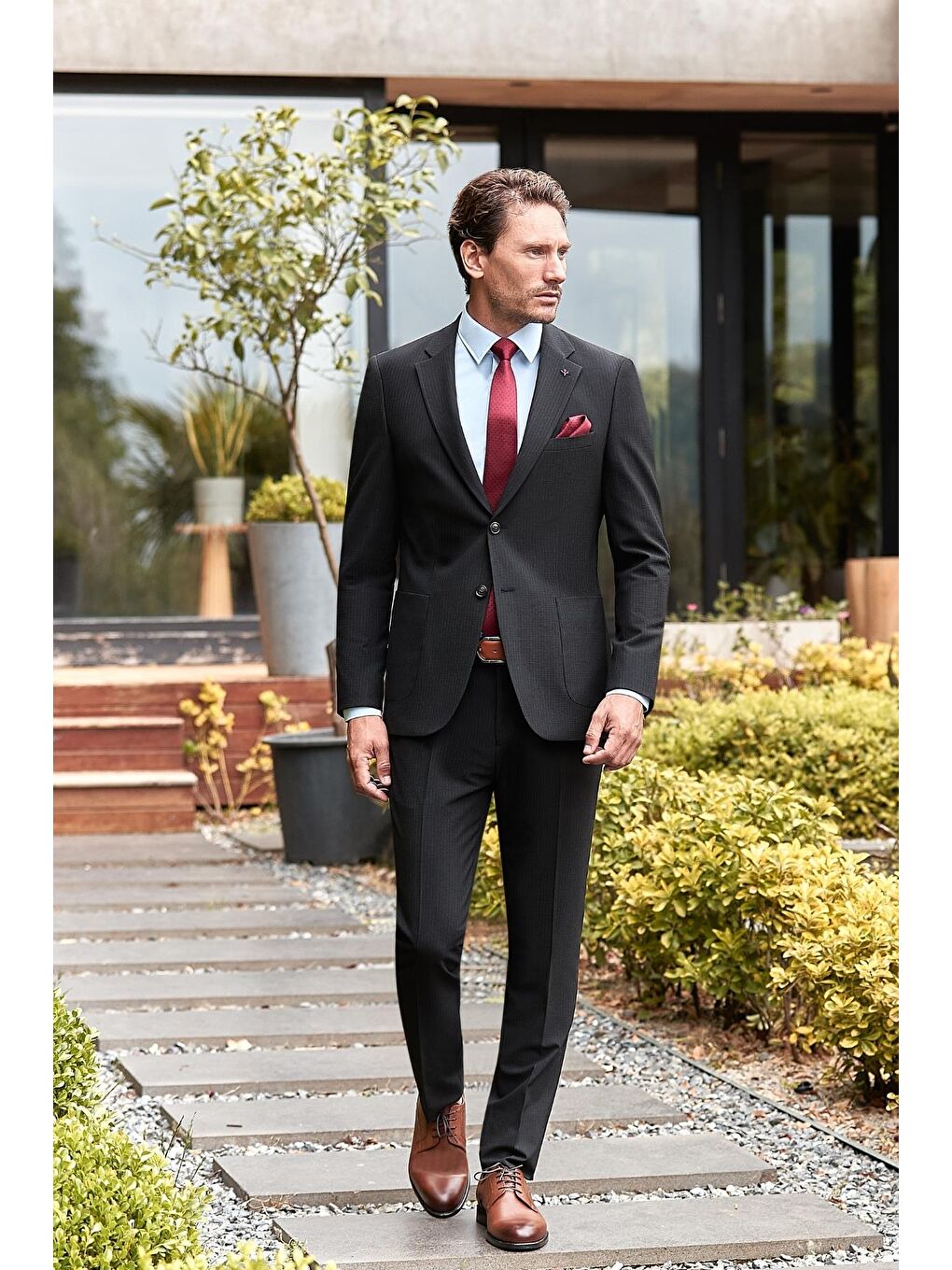 Siyah Çizgili Mono Yaka Astarlı Elastanlı 6 Drop Slim Fit Dar Kesim Casual Takım Elbise 1001240171-1