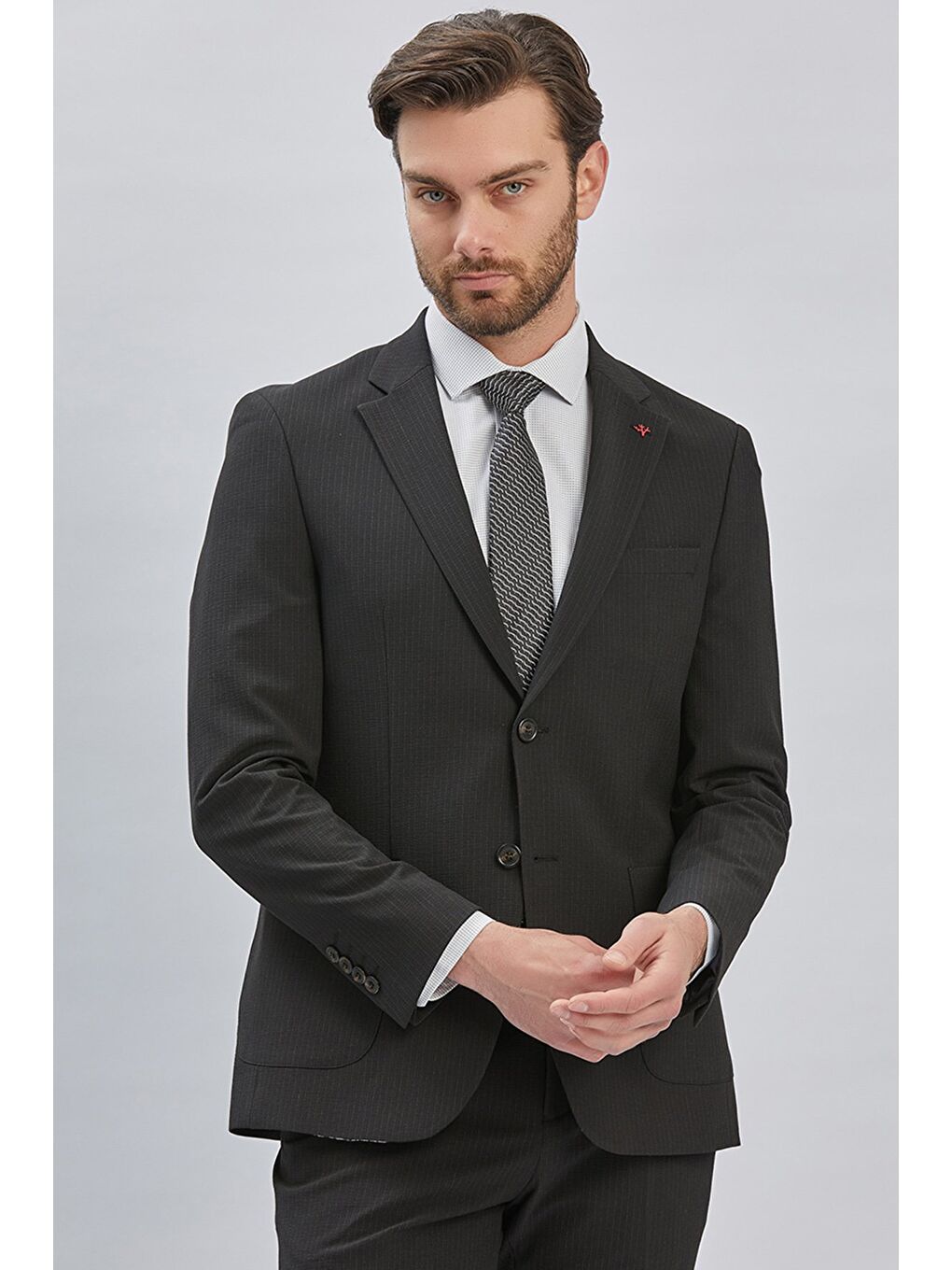 Siyah Çizgili Mono Yaka Astarlı Elastanlı 6 Drop Slim Fit Dar Kesim Casual Takım Elbise 1001240171-2