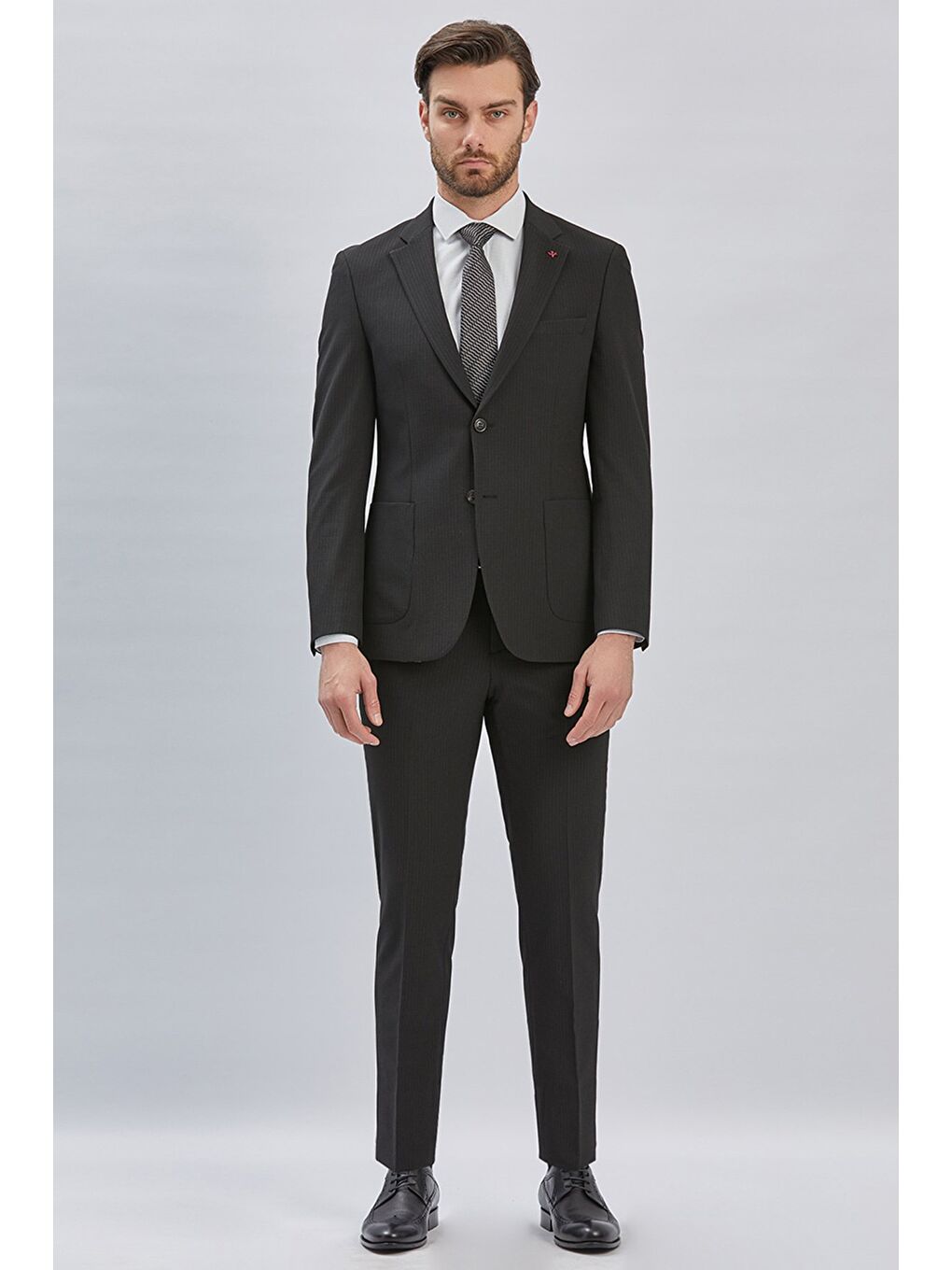 Siyah Çizgili Mono Yaka Astarlı Elastanlı 6 Drop Slim Fit Dar Kesim Casual Takım Elbise 1001240171-3