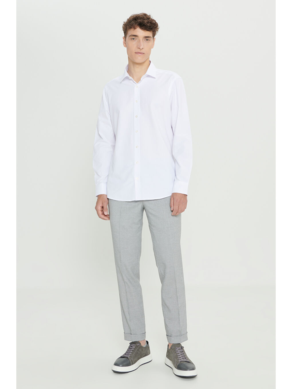 Erkek Beyaz Slim Fit Dar Kesim Klasik Yaka Pamuklu Armürlü Gömlek-3