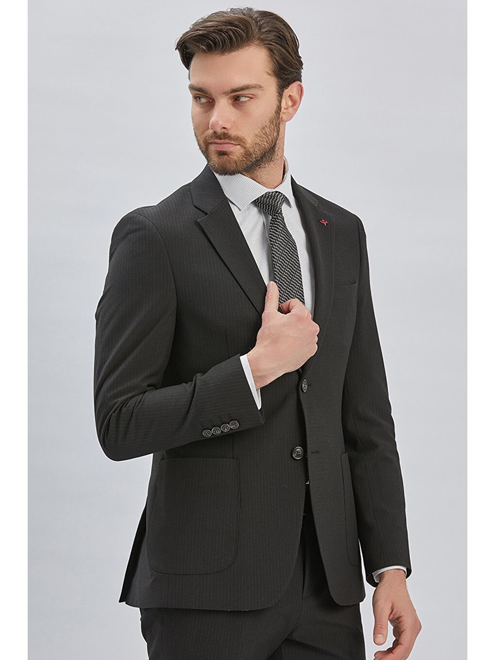 Siyah Çizgili Mono Yaka Astarlı Elastanlı 6 Drop Slim Fit Dar Kesim Casual Takım Elbise 1001240171-4